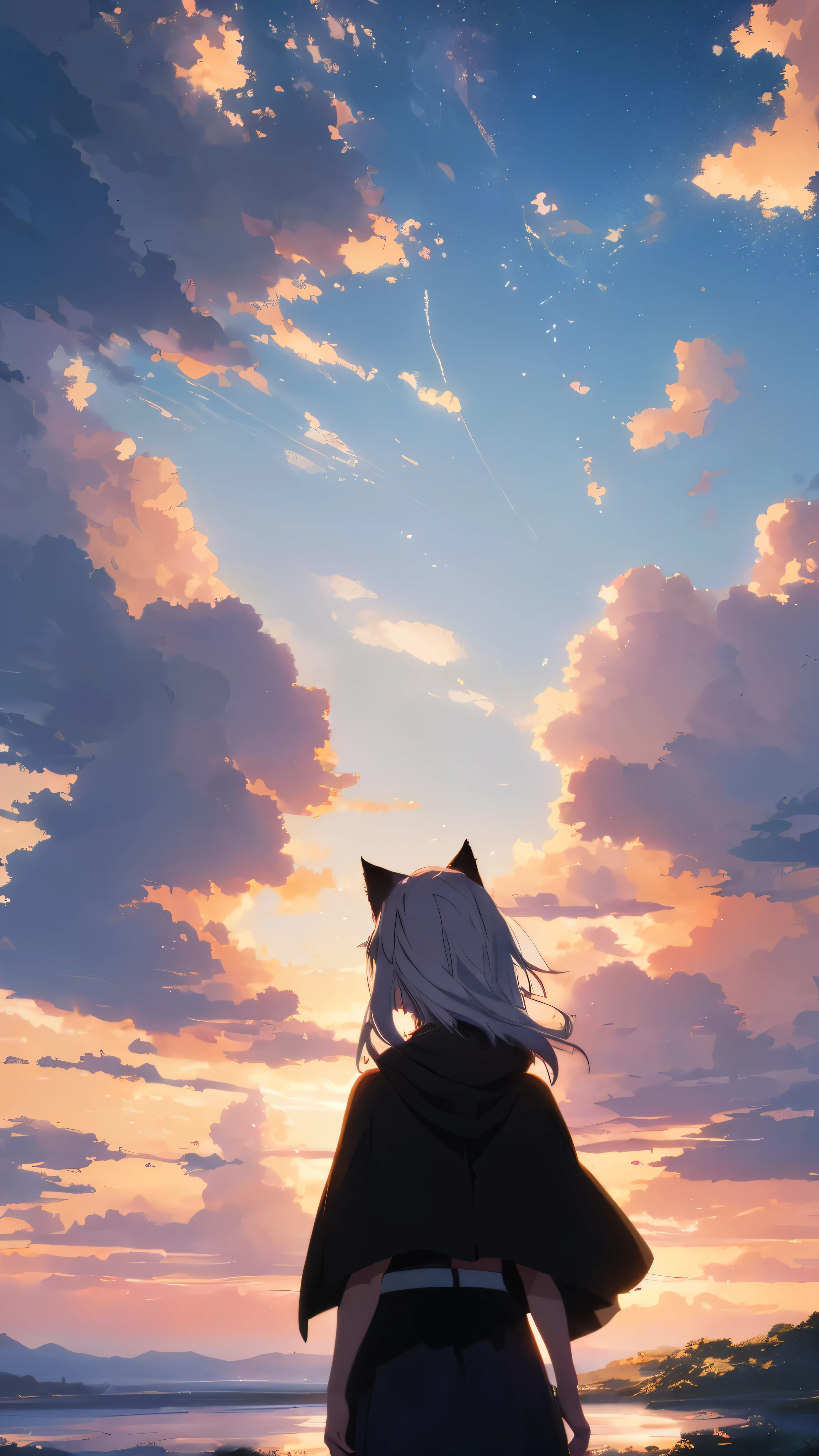 ((anime cat girl in black cape, long white hair, back view, silhouette, looking toward horizon)), (lower third of screen, windy morning, 1 waterfall in the background), cosmic skies, mesmerizing view, anime background art, anime wallpaper, makoto shinkai, anime beautiful peace scene, anime landscape, anime scenery, style of makoto shinkai, masterpiece, 4k, ultra details, detailed body, detailed head, detailed character, wide angle, dramatic