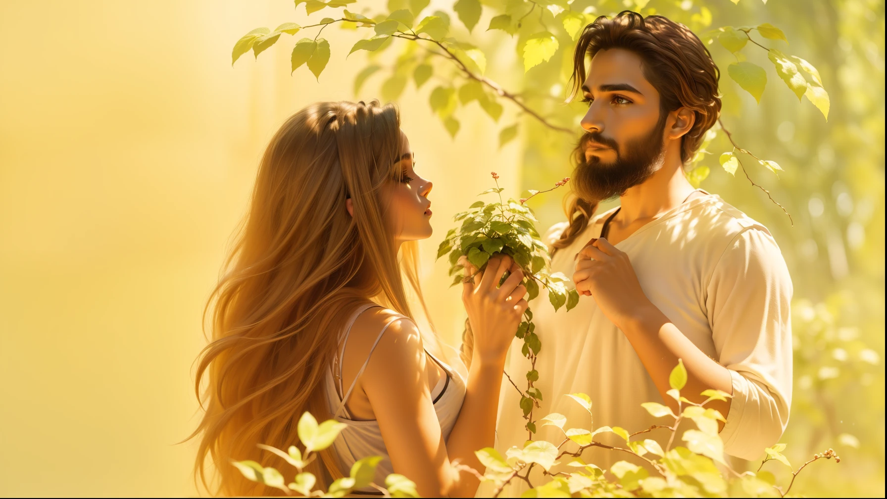 ( portrait man and woman, representing Adam and Eve, woman offering a fruit to man, frightened man, shirtless man, biblical illustration, realism, beginning of time, beautiful place, trees, plants, garden, birds, rivers and lakes, silhouette ) , ( epic, realistic), (neutral colors: 1.2), ( hdr:1.4), ( soft colors: 1.2), hyperdetailed, (artstation:1.4 ), (cinematic) (complex detail:1.1) --auto --s2