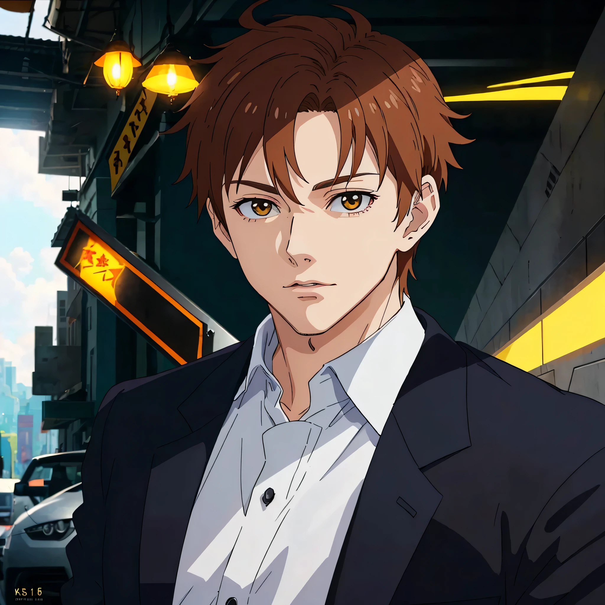 Un hombre alto, calvo mira a camara, y camisa amarilla, about 25 years old, (The background is white 1.5) estilo animado 4 K, Renderizado de anime, estilo animado. 8k, Hermosa cara de anime (Pantalla superior del cuerpo 1.0) (chico guapo 1.3) (Cinematic Light 1.5)