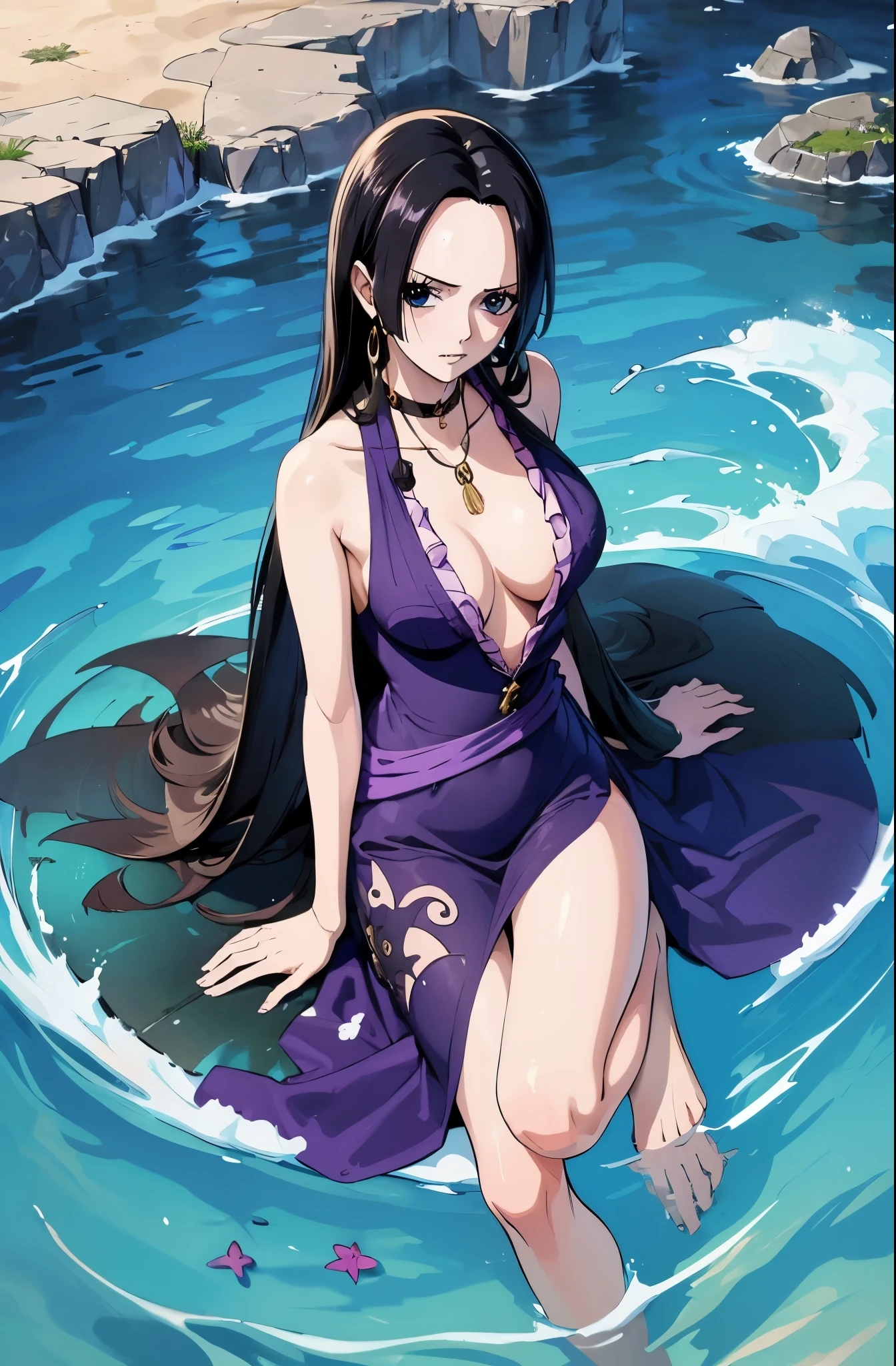 (masterpiece, best quality), ((1girl, solo, long hair)), Ishmael_limbus, innocence expression, bare arms, bare shoulders, bare neck, watercolor, sundress, liquid clothes, water, waves, water dress, blue_theme, night, mist, dark, sharp focus, sea, see-through dress, black hair, black hair, Hancock from One Piece, bath, Boa Hancock,