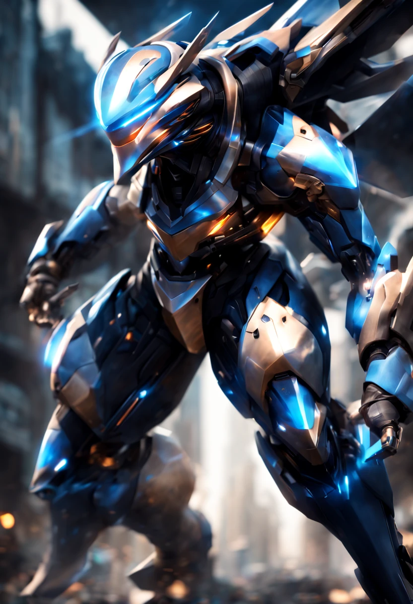 (a futuristic robot:1.1),(mecha warrior),(shiny metallic armor),(glowing blue eyes), (mechanical limbs:1.1),(powerful laser cannons),(jet thrusters:1.1),(futuristic cityscape background),(dystopian atmosphere:1.1),(epic battle),(dramatic lighting:1.1),(dynamic pose),(motion blur),(ultra-detailed),(vivid colors),(sci-fi:1.2)