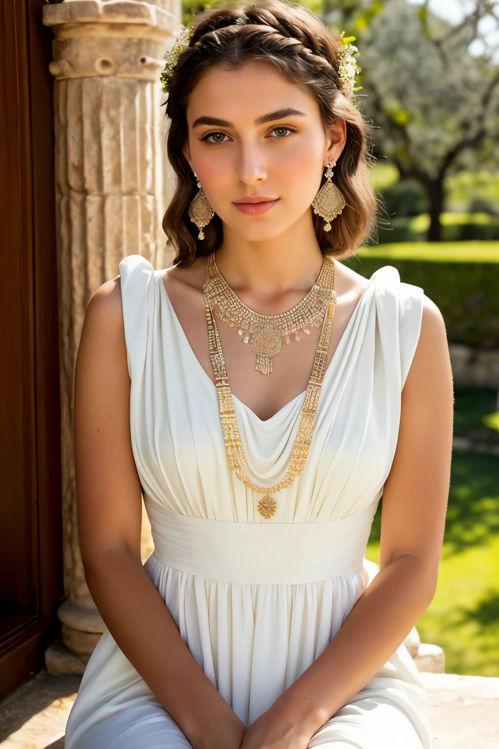 ((best quality)), ((masterpiece)), (detailed), perfect face
A portrait of an ancient Greek woman; 23 years old, with green eyes, and short, dark hair, sitting in the garden of a house overlooking the sea. Her hair is very short, above her ears. She wears ancient Greek earrings and a necklace, enhancing her classical beauty. She is dressed in a white, elegant dress that complements her poised demeanor.