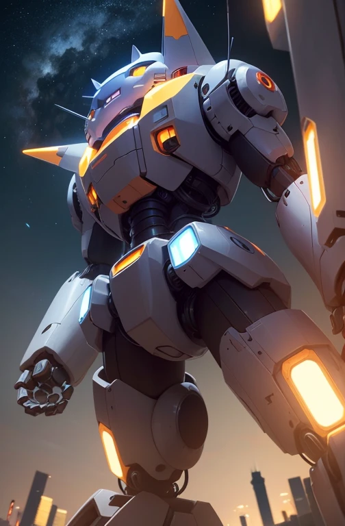 a cute mecha, robot cat, mecha, no humans, action pose, night cty