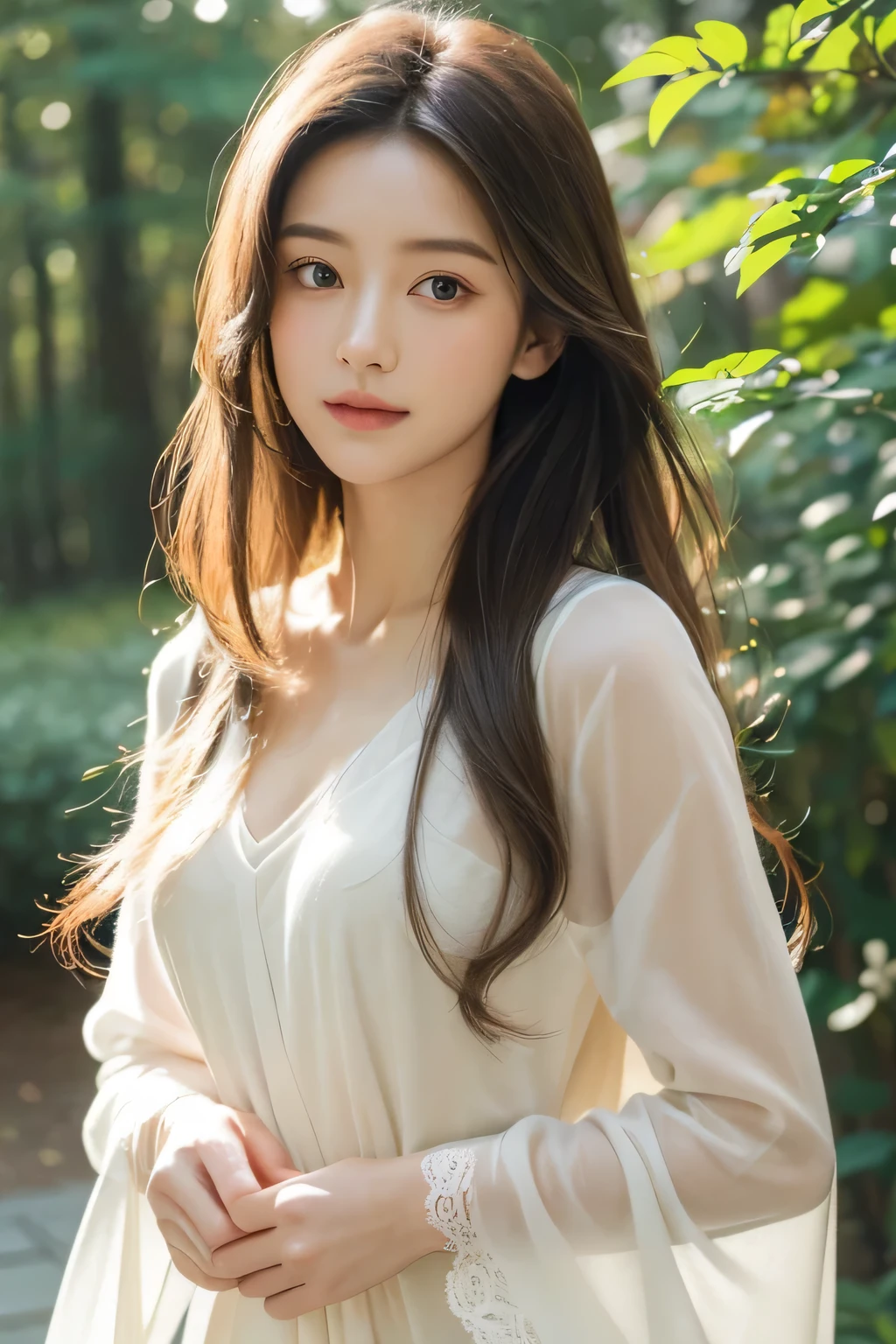 (best quality,high resolution,masterpiece:1.2),Super detailed,actual,portrait,beautiful girl,calm expression,dreamy eyes,long flowing hair,Beautiful features,subtle smile,ethereal atmosphere,pastel colors,Warm sunshine through the trees,serene gardens,flowers bloom,Butterflies dancing in the air,Breeze whispered,moment frozen in time,delicate brushstrokes,impressionist style.
