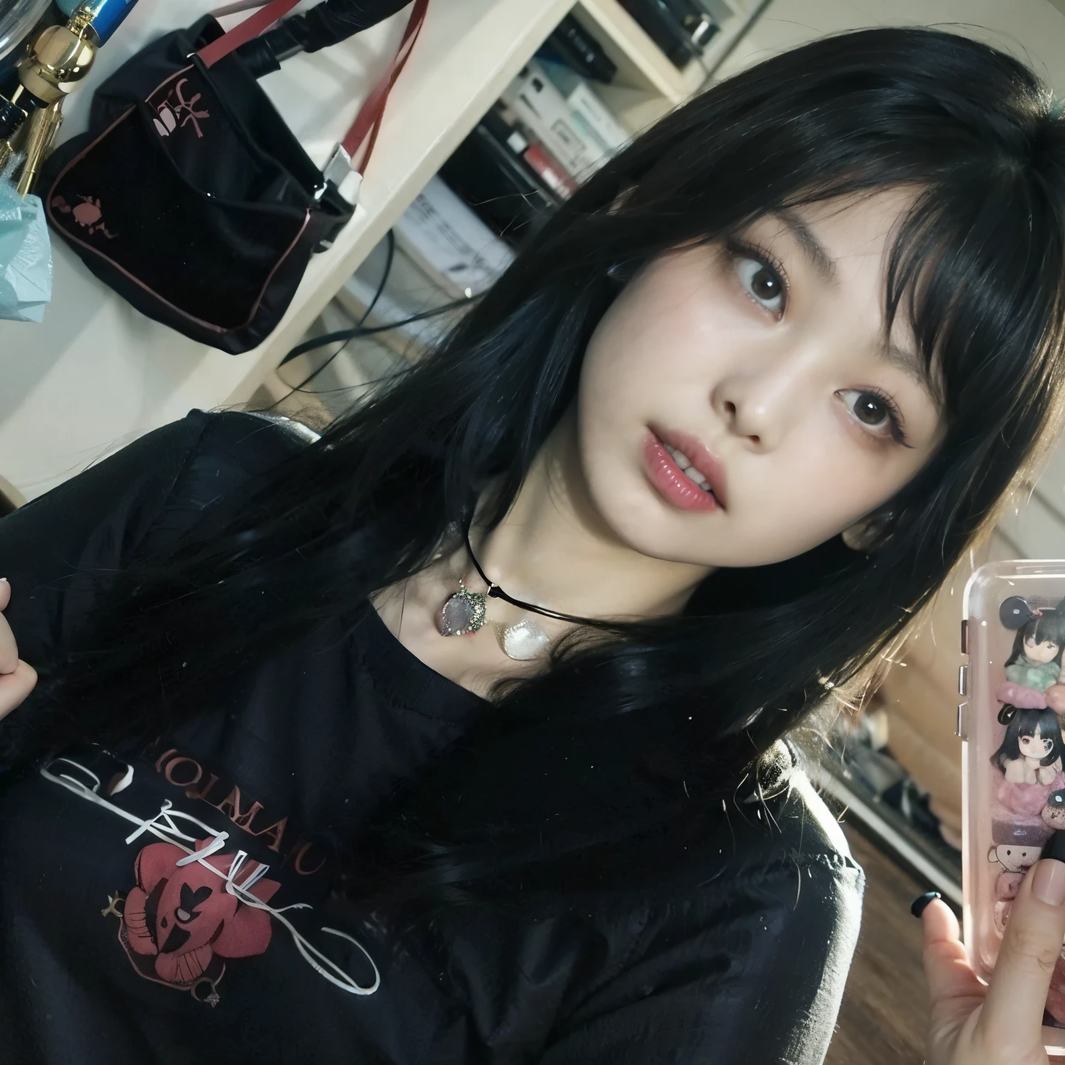Jennie Kim with black hair and black shirt holding a cell phone., 1 7 - year - old gothic girl, gothic girl aesthetic, gothic girl, pale gothic beauty, Wear gothic makeup, gothic aesthetic, muy hermosa top model gotica, 1 7 - year - old anime gothic girl, ella tiene el pelo negro con flequillo, gothic ambient, cabello oscuro y maquillaje