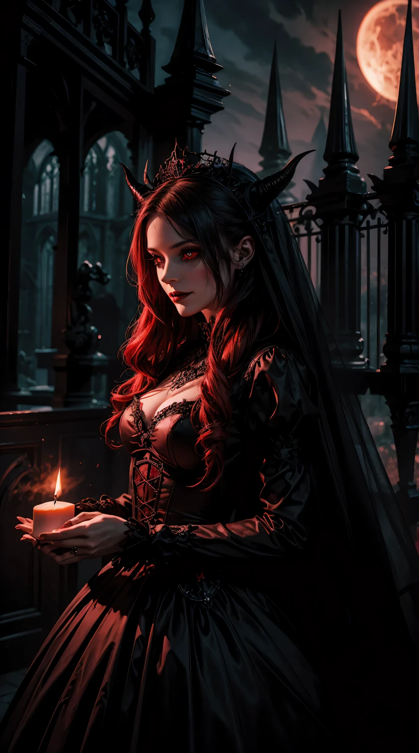 devilish bride,gothic wedding dress,red wedding bouquet,sinister smile,dark themed wedding,wickedly beautiful bride,elegant black veil,macabre wedding,blood red lips,spooky atmosphere,hauntingly romantic,enchanted forest backdrop,lit candles,burning red eyes,dramatic makeup,sultry gaze,ominous ambiance,witchy bride,fire and brimstone,creepy elegance,fearful fascination,shadowy figures,demonic enchantment,gothic architecture,haunted mansion,moonlit sky,gloomy clouds,cursed love,devil's playground,black magic rituals,macabre wedding cake,ominous chants,pentagram symbolism,cloven hooves,mysterious seduction,nightmarish allure,whispers of darkness