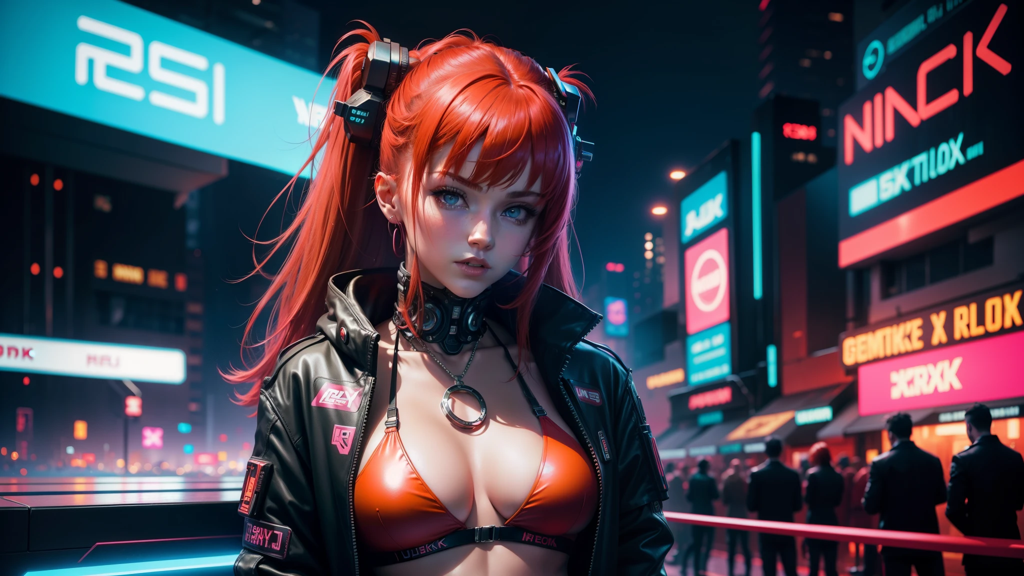 many, many people, Cyberpunk, neon light, high quality, 8k, sexy 18 year old girl, red hair, full body, wearing a bikini, cyberpunk themed environment and background