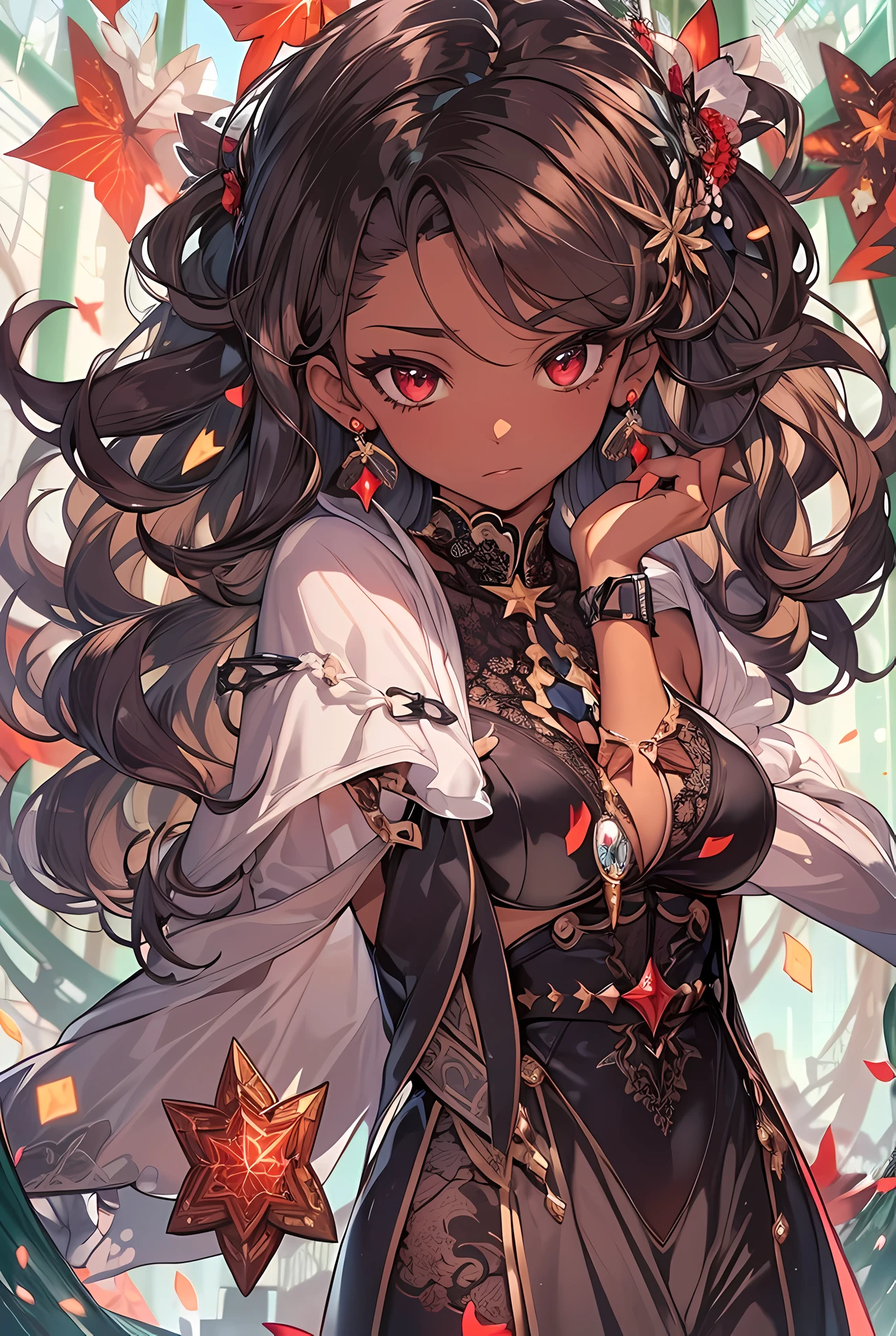 ((Masterpiece, Highest quality)), Detailed face, Character,black anime girl, half body, Full of details, Pretty pose, Highly detailed, Depth, Many parts,Beautiful spy,dark brown skin, long black hair,red eyes, Velvet red hints on outfit,Extremely beautiful,High Balance, Natural light, Lace,lacepantyhose,Galaxy décor,Star decoration, (Caramel brown skin)