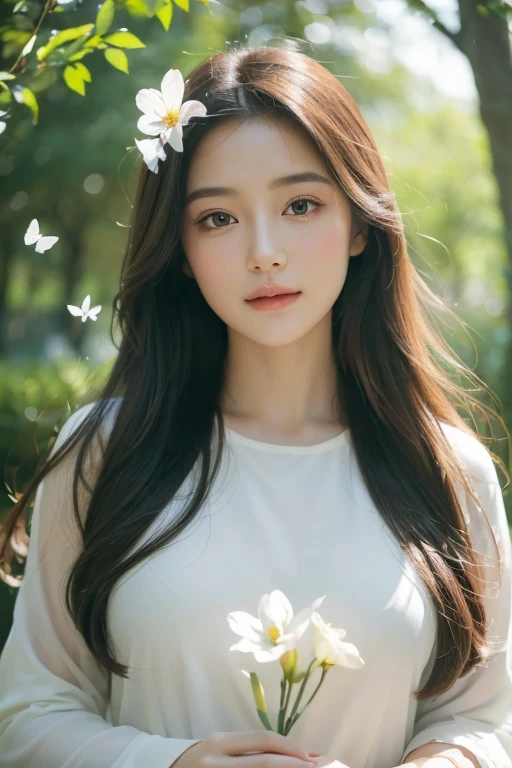 (best quality,high resolution,masterpiece:1.2),Super detailed,actual,portrait,beautiful girl,calm expression,dreamy eyes,long flowing hair,Beautiful features,subtle smile,ethereal atmosphere,pastel colors,Warm sunshine through the trees,serene gardens,flowers bloom,Butterflies dancing in the air,Breeze whispered,moment frozen in time,delicate brushstrokes,impressionist style.