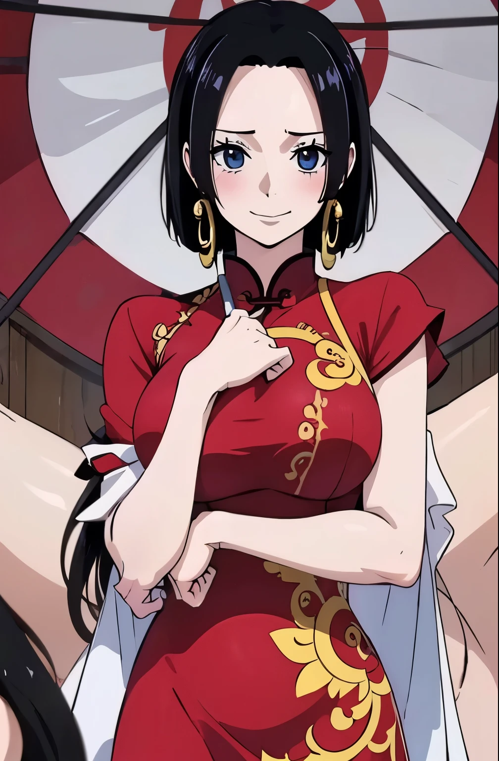 Red chinese dress, 1girl, solo, black hair, short hair, upper body, smile, parasol, mature female, (nsfw:1.5)