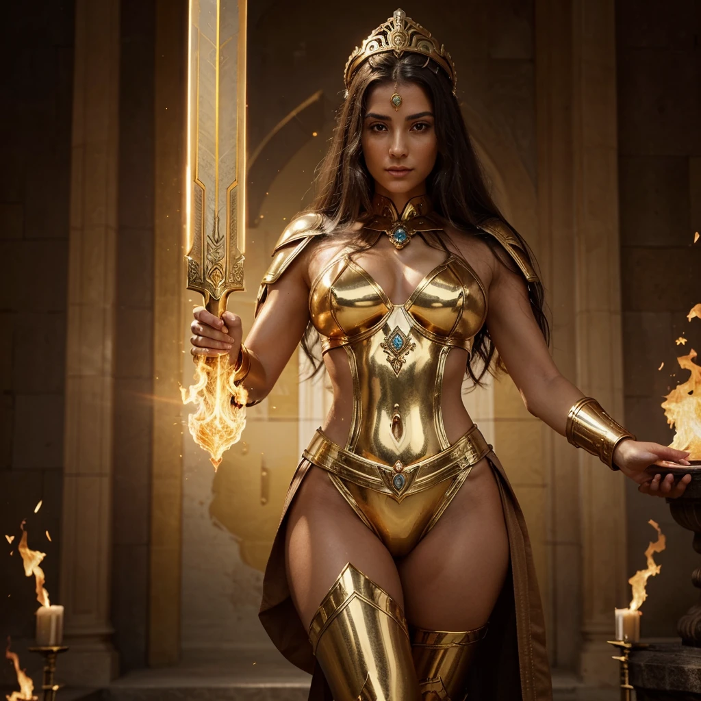 Create an image of an imposing and majestic Greek goddess, clad in golden armor exuding elegance and power. Her posture should exude confidence and serenity, radiating an aura of divinity. The radiant glow of the golden armor should envelop her, highlighting her beauty and grandeur. Around the goddess, create a halo of resplendent light, crafting a celestial and mystical ambiance around her. In the hand of the goddess, place a sword with its blade engulfed in blazing flames, symbolizing her destructive power and connection to the element of fire. The details of the armor, such as intricate patterns and precious inlays, should be richly rendered, ensuring maximum quality and advanced levels of detail. The overall composition of the image should be cinematic, conveying a sense of epic grandeur and timeless beauty.
