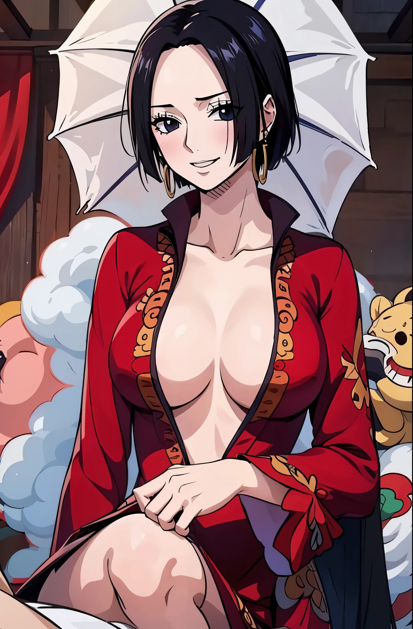 Red chinese dress, 1girl, solo, black hair, short hair, upper body, smile, parasol, mature female, (nsfw:1.5)