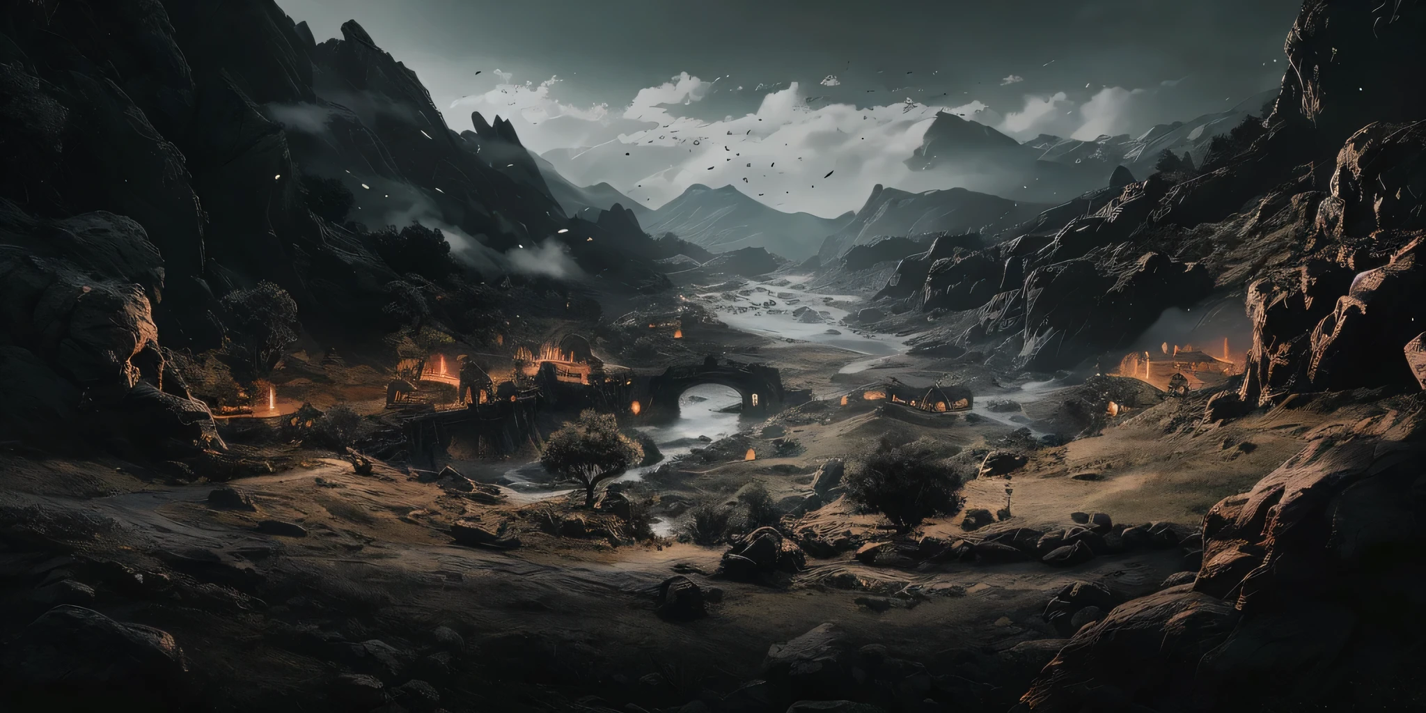 there is a dark mountain landscape with a river and a bridge, game art matte painting, 3 d render and matte painting, 4k highly detailed digital art, 8 k matte painting, 8k matte painting, realistic fantasy render, matte painting 4k 8k, matte painting in fantasy style, epic fantasy landscape, 4 k matte painting, epic dreamlike fantasy landscape
