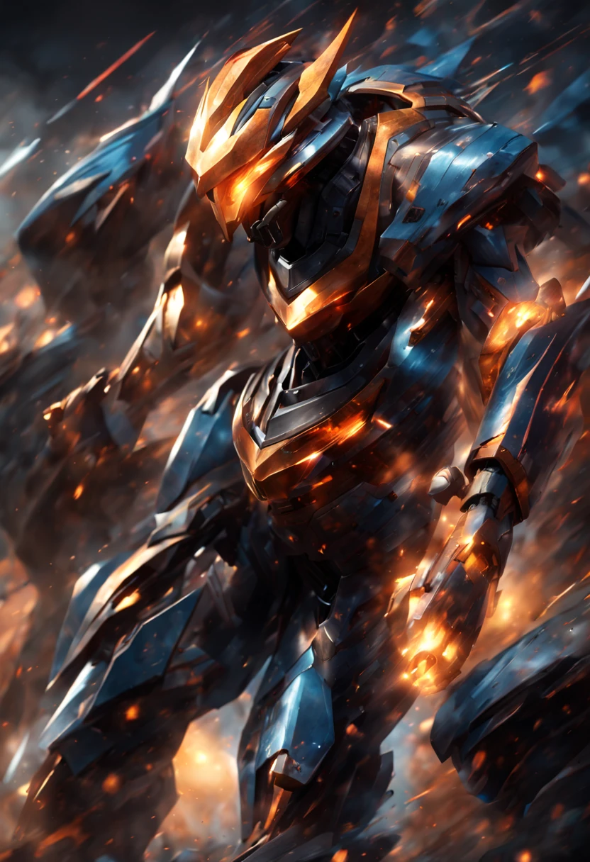 (best quality,4k,8k,highres,masterpiece:1.2),ultra-detailed,(realistic,photorealistic,photo-realistic:1.37),Mecha warrior in action,metallic sheen,sparkling reflections,high-tech armor,strong physique,menacing presence,firepower unleashed,fierce battle,explosions,and debris flying,sci-fi setting,powerful energy beams,vivid and intense colors,dynamic poses and movement,apocalyptic environment,ominous dark clouds,dramatic lighting,motion blur.