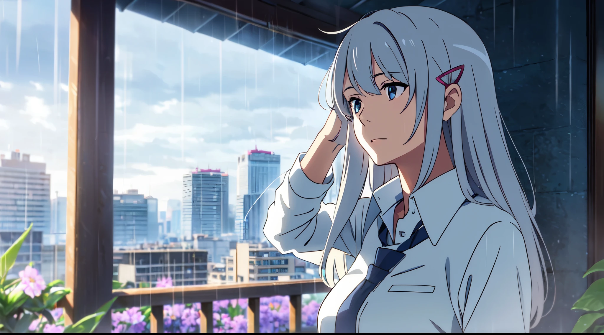Masterpiece, 1 lady (solo), (very long hair) , White hair, Have light blue eyes. Scenery. White shirt, grey necktie. She wear blue flower hairpin. Calm expression. Rain. City. (Look up at the sky). Ray tracing. (Close up),  (Blowing hair). Makoto shinkai. 