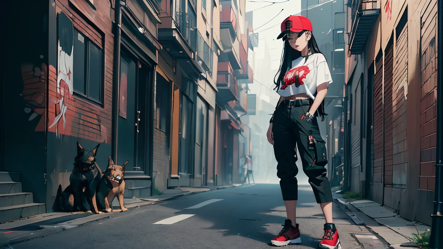 (best quality, 8k, 32k, masterpiece, UHD:1.2), highres, sharp focus, detailed outfit, absurdres, key visual, beautiful detailed hair, delicate details, (((portrait, RAW, pixiv, anime)), Graffiti, 1girl, solo, haori, mist, steam, smoke, shirt, hat, black hair, green eyes, cargo pants, streetwear, high tech, watch, looking at viewer, dog collar, belt, high designer lingerie, red baseball cap, leaf, cropped legs, ear piercing, long hair, hand in pocket, sharp focus, best quality, depth of field, cinematic lighting, correct anatomy, full body shot