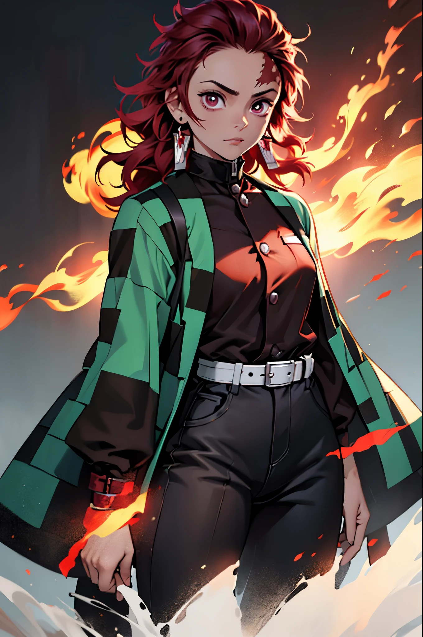 (masterpiece), best quality, expressive eyes, perfect face, highres, (female1.5), 1 girl, solo,(Tanjiro), (OriginalOutfit), (Scar,Scar on forehead, Checkered Clothes, 1Girl, Red Hair), (long red hair),(black and green plaid coat),(black pants), fantasy background, standing, upper body portrait, looking at the viewer,