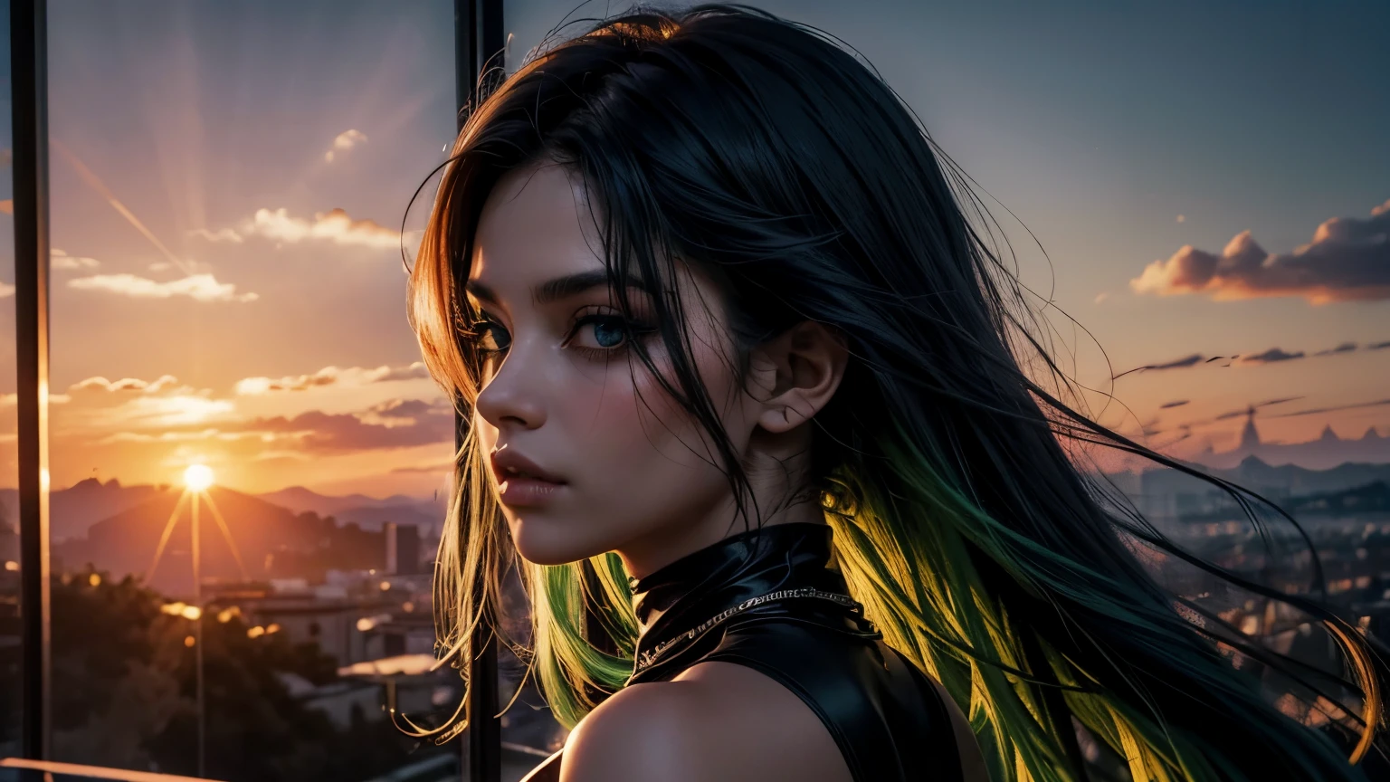 A Fallen Angel, deusa da morte, com suas asas grandes e pretas, His clothes are all black, your eye color is light green, Her hair is red, ((mulher)), ((dramatic pose)), ((fundo complexo)), ((sunset)), ((cinematic)), ((corpo superior para cima)), ((muitos detalhes)), ((melhor qualidade)), ((high resolution)), ((papel de parede 8k)),
