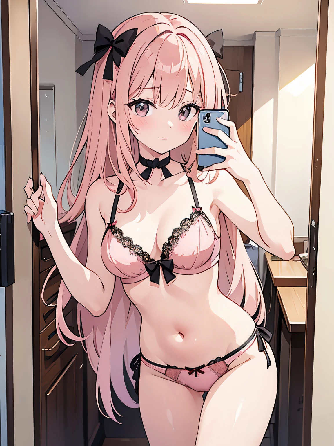 masterpiece, {{{{Highest quality}}}}, beautiful,NSFW,1 girl, cosplayer (someone who participates in cosplay), {{{pink hair}}}, {{{light brown eyes}}}, {{{underwear only}}}, {{{bow bra(salmon pink)}}},{{{bow panties(salmon pink)}}}, bra(salmon pink), panties(salmon pink), lace-trimmed bra(black), lace-trimmed panties(black), lace trim(black), a choker、selfee、piece、taking a picture of oneself (esp. with cellphone camera), self_shot