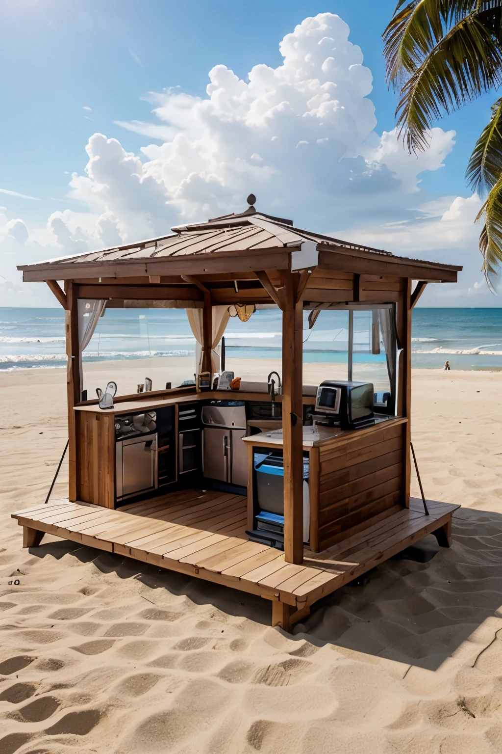 automated mini market with beach sand and wooden deck around