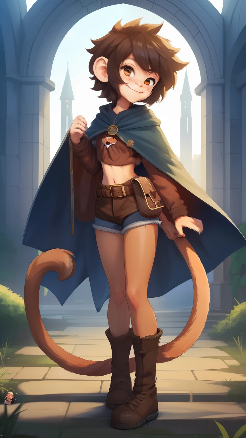 Best quality, Super detailed illustration, (1 boy:1.2), (fluffy monkey:1.4) , feminine face and body, disheveled thick hair, short shorts, ankle boots, Cloak, Waist bag, baggy sweater smug smile, half-closed eyes , Femboy, small waist, wide hips, Slim, perfect body, DND style