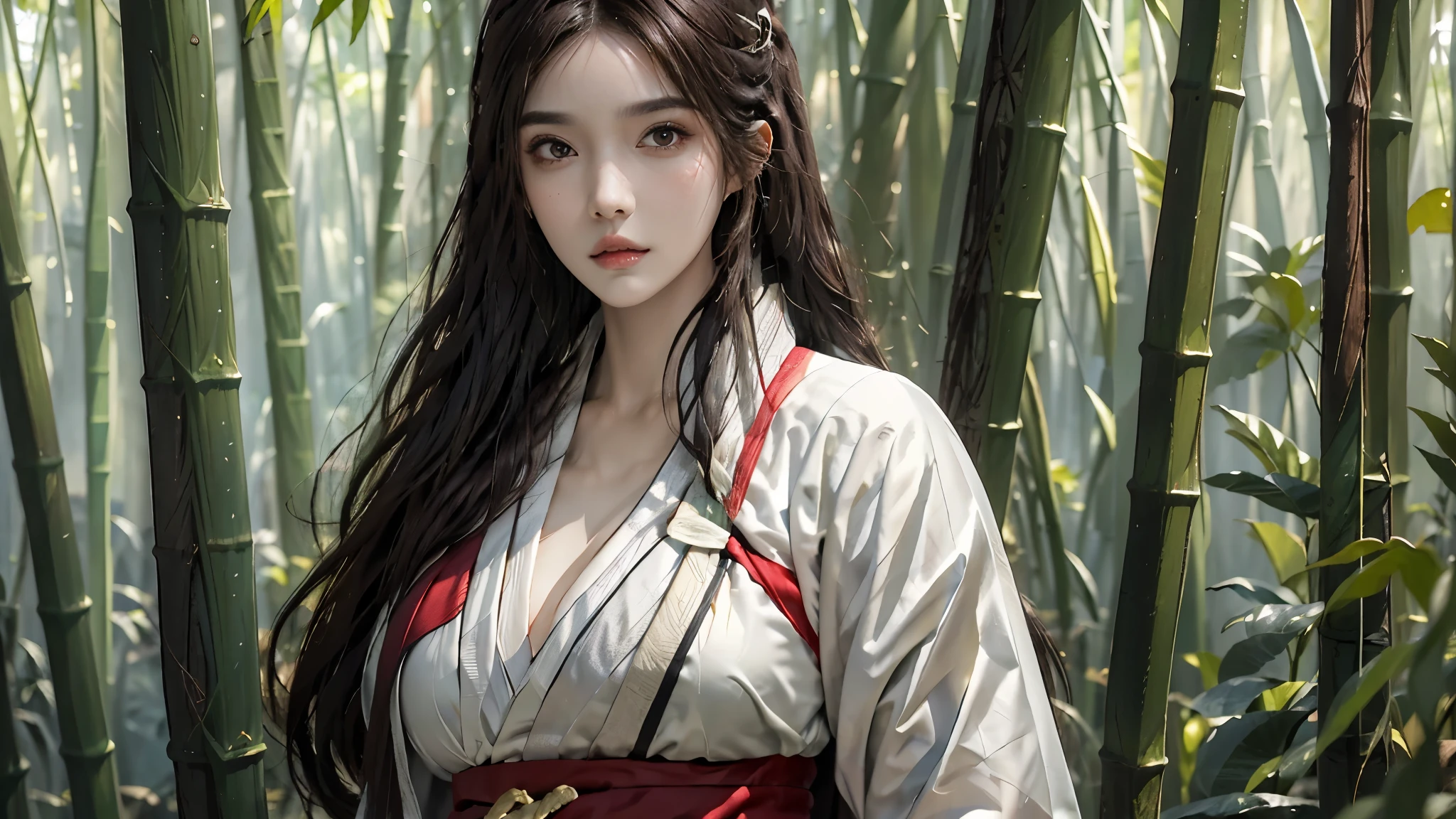 realistic, high resolution, A woman in a bamboo forest, Joseon Dynasty Sword, alone, Hip up, Dark brown hair, long hair, look at the viewer, (detailed face), big bust, thick thighs, bikini style hanbok, Joseon Dynasty warrior, close,