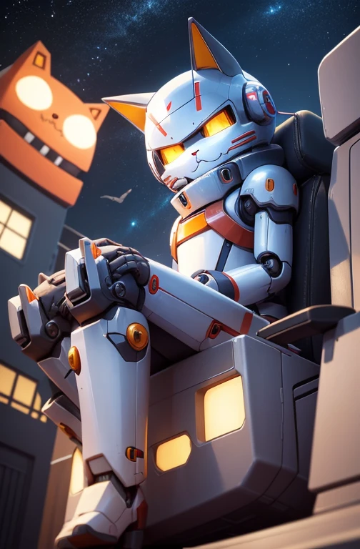 a cute mecha, robot cat, mecha, no humans, action pose, night cty