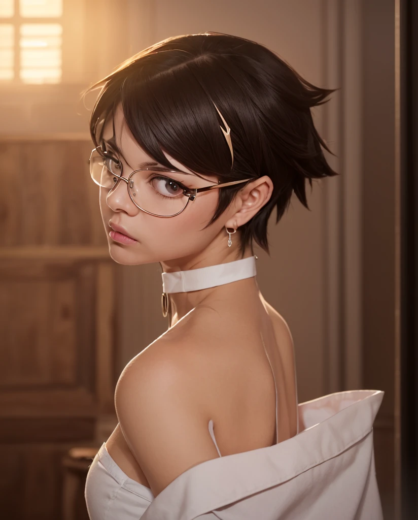 ((Mother Piece)), Highest quality, High resolution, salad, Getting older, mature, Get sexy , Time Skip, Classify your hair, Thin glasses,  ((( Sexy see-through high leg leotard))), please sit down, Sexy pose, Iris, Black Hair, ((Leg spread, lying on the bed)), Earrings, clavicle, uchiha symbol Earrings, Very short hair, Tomboy hair, Tomboy, choker, Fascinating, bed, Highly detailed face, Highest quality, salad, humid, Sexual teasing, Delicate and beautiful、((Nipples are visible:1.5))、Crotch bite、((Bare breasts:1.6)),((Flat chest:1.2))、Frustrated face、Sexually provocative、hentai art work,Realistic nipples、Detailed nipples、Crotch bite、Crisp