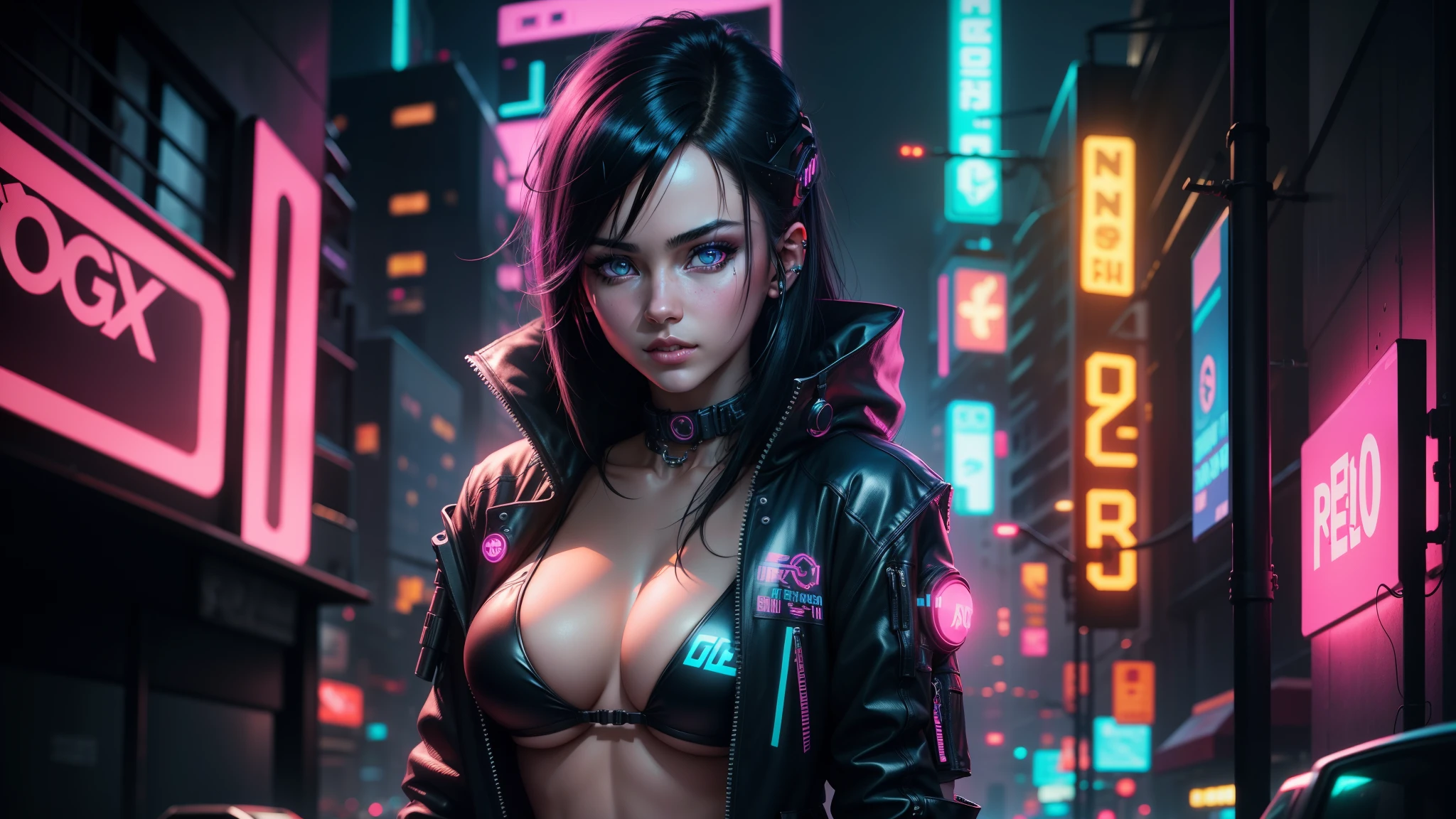 Cyberpunk, neon light, high quality, 8k, sexy 18 year old girl, black hair, perfect face, beautyfull eyes, full body, wearing a bikini, cyberpunk themed environment and background
