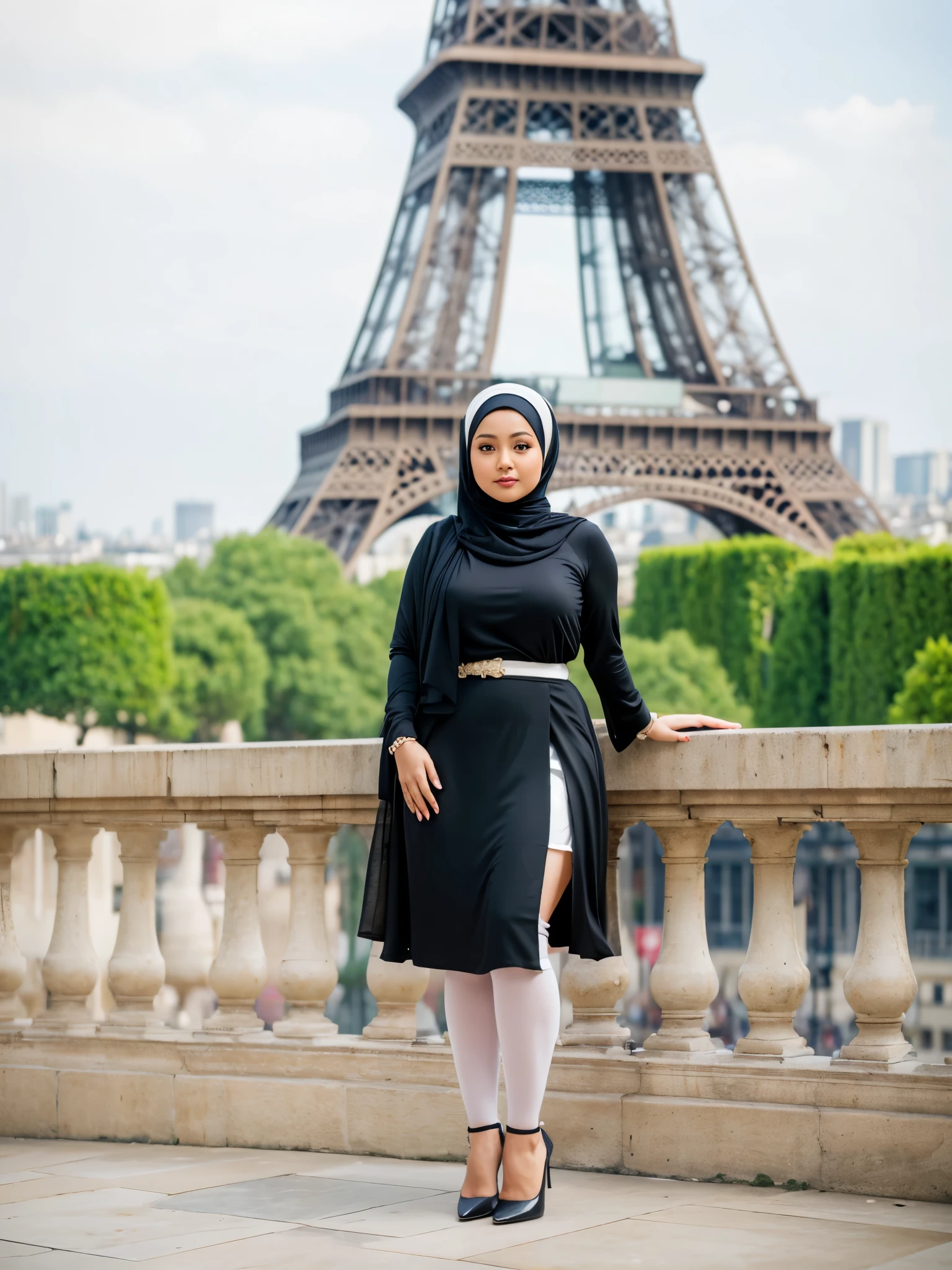 (masterpiece), best quality, malaysian woman,((35 years)), curvaceous, wearing hijab, Masterpiece: 1.3, wearing pearl hijab, long skirt, white stockings, heels, Masterpiece, Paris view background, bokeh,
