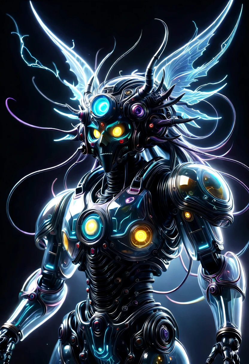 (半transparent空灵未来派械巫妖王:1.5),,在Demon battlefield之上,There are a lot of wars,Gunsmoke fills,Demon battlefield, (Demon Machinery), (Mechanobiology),ethereal,phantom,transparent,bioluminescence,divinelight,fluorescence,charming,mystery,bright colors,detailed details,lifelike,超级lifelike,epic magic fantasy,Epic technological fantasy,Epic surrealism,Epic futuristic fantasy,bright colors