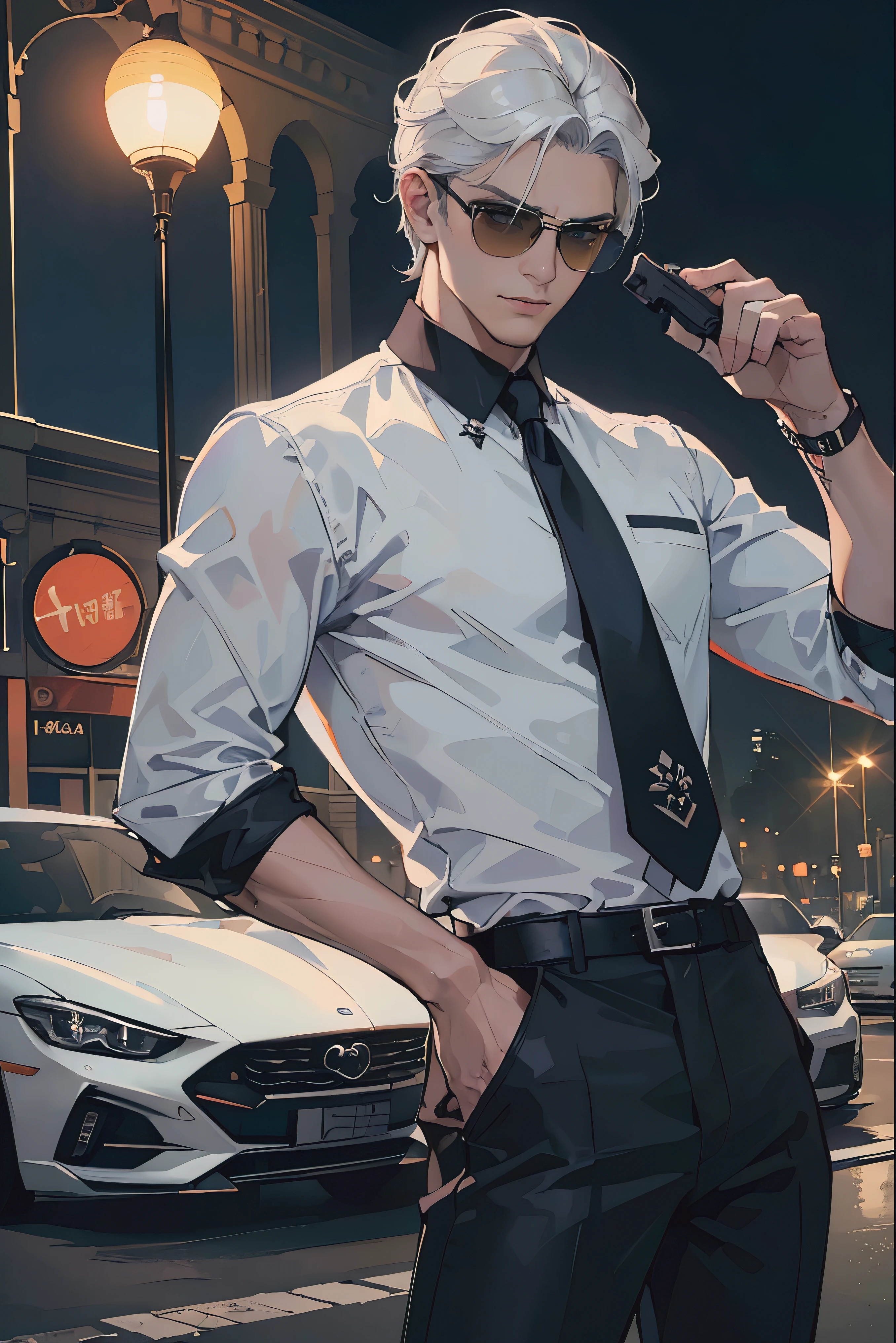 ((Atualmente, A cute and beautiful Man with a dagger in her hand), ((Mafia)), ((sorriso travesso), ((cabelos longos exuberantes)), ((black pants)), (( olhos gradientes)), ((The background is a night view of the city with various sports cars and mafia)), ((camisa social branca)), (Homem chefe de mafia)), ((wearing sunglasses)), ((cabelos platinados)), rosto atraente e masculino, ((Man holding a gun in his hand)), scenario, Yakuza, UHigh definition, retina, obra de arte, preciso, anatomical, Cientificamente correto, Pele texturizada, super detalhe, altamente detalhado, alta qualidade, premiado, maximum quality, High definition, 1080P, High definition, 4k, 8k, 16k. ((holding a pistol in his hand)) + sunglasses