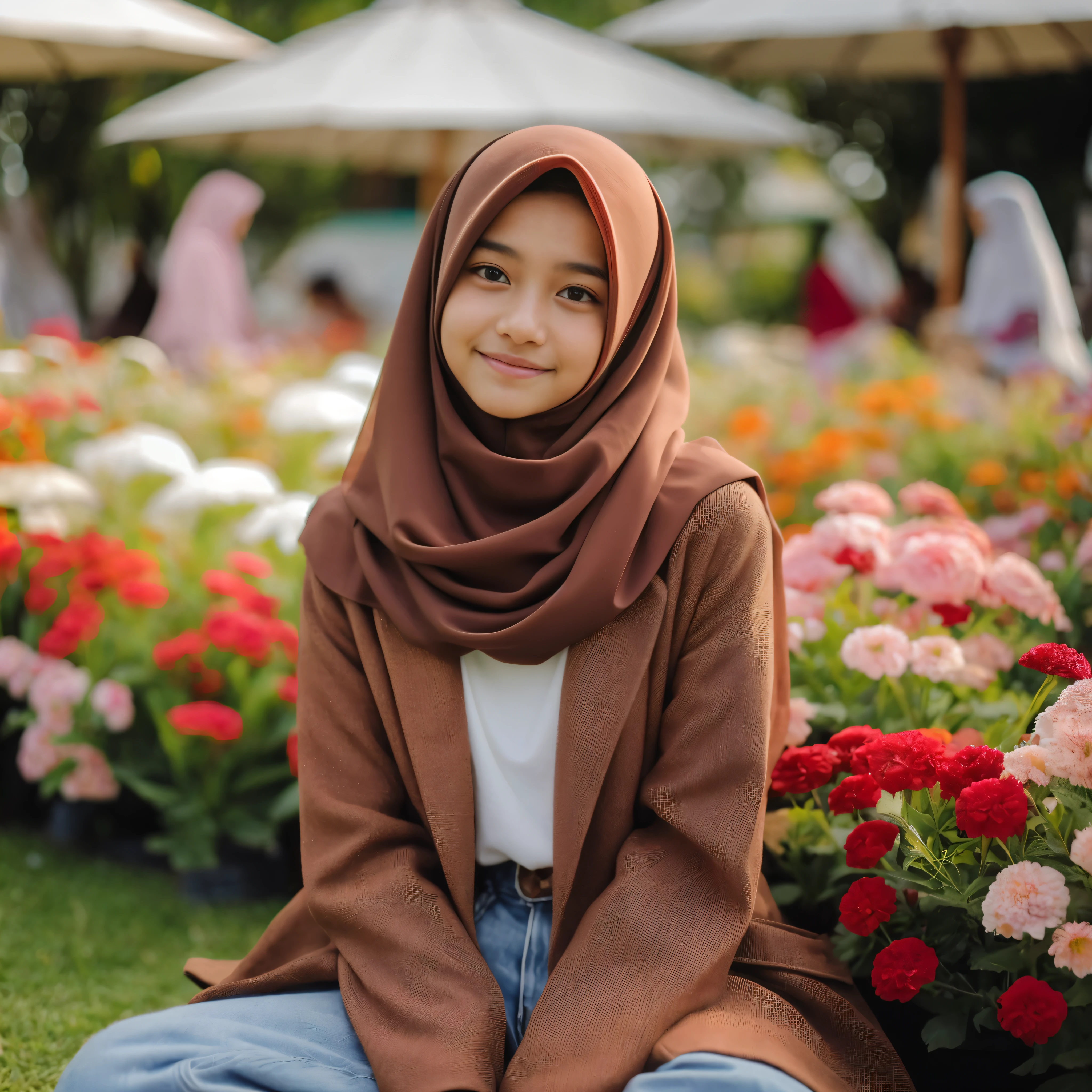masterpiece of a girl (Indonesia), wearing a brown hijab, wearing a white t-shirt combined with a brown blazer, smiling, during the day, sitting on a white sand beach, in focus, taken with a Sony A7 mark V camera, 35mm fixed lens, f /1.8 ISO 300, bright lighting, realistic, shooting photos