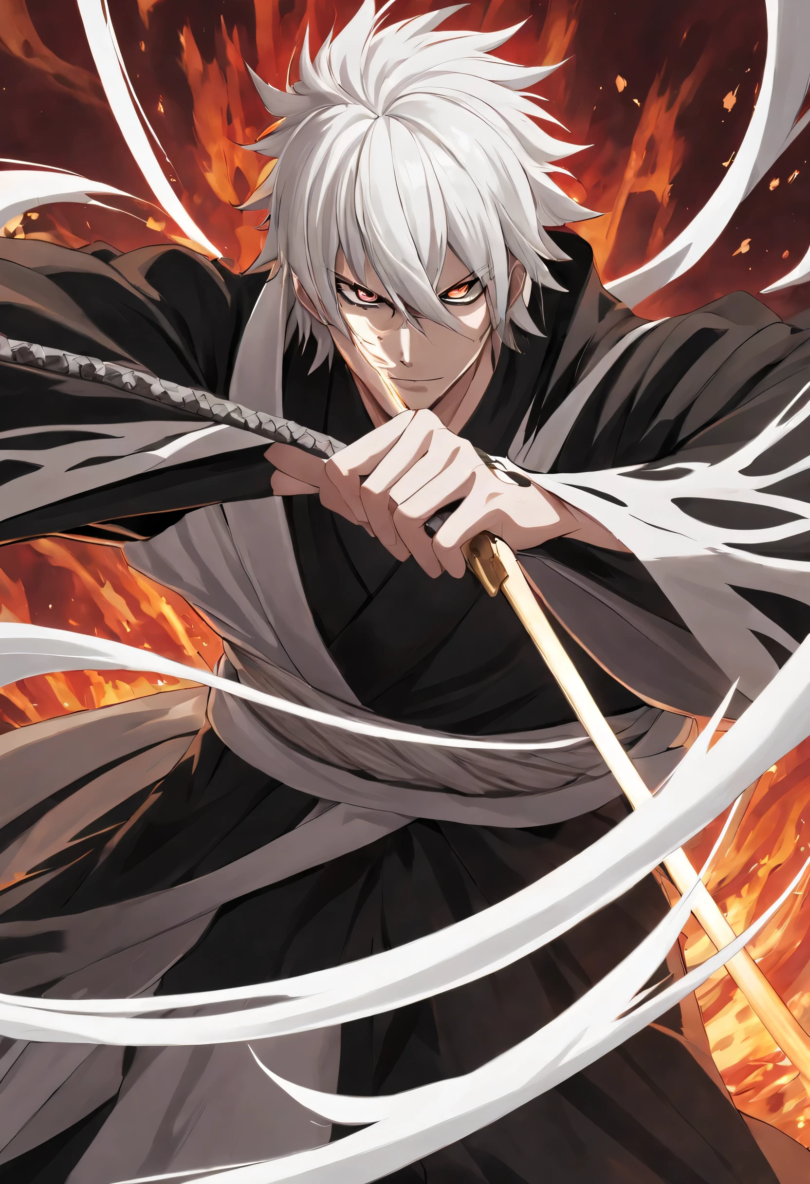 cria um homem shinigami extremamente poderoso de cabelos brancos e ele tem sua bankai ativada e a bankai&#39;the name is, tensa zangetsu e de um nome a este shinigami (I want the image of the anime version)