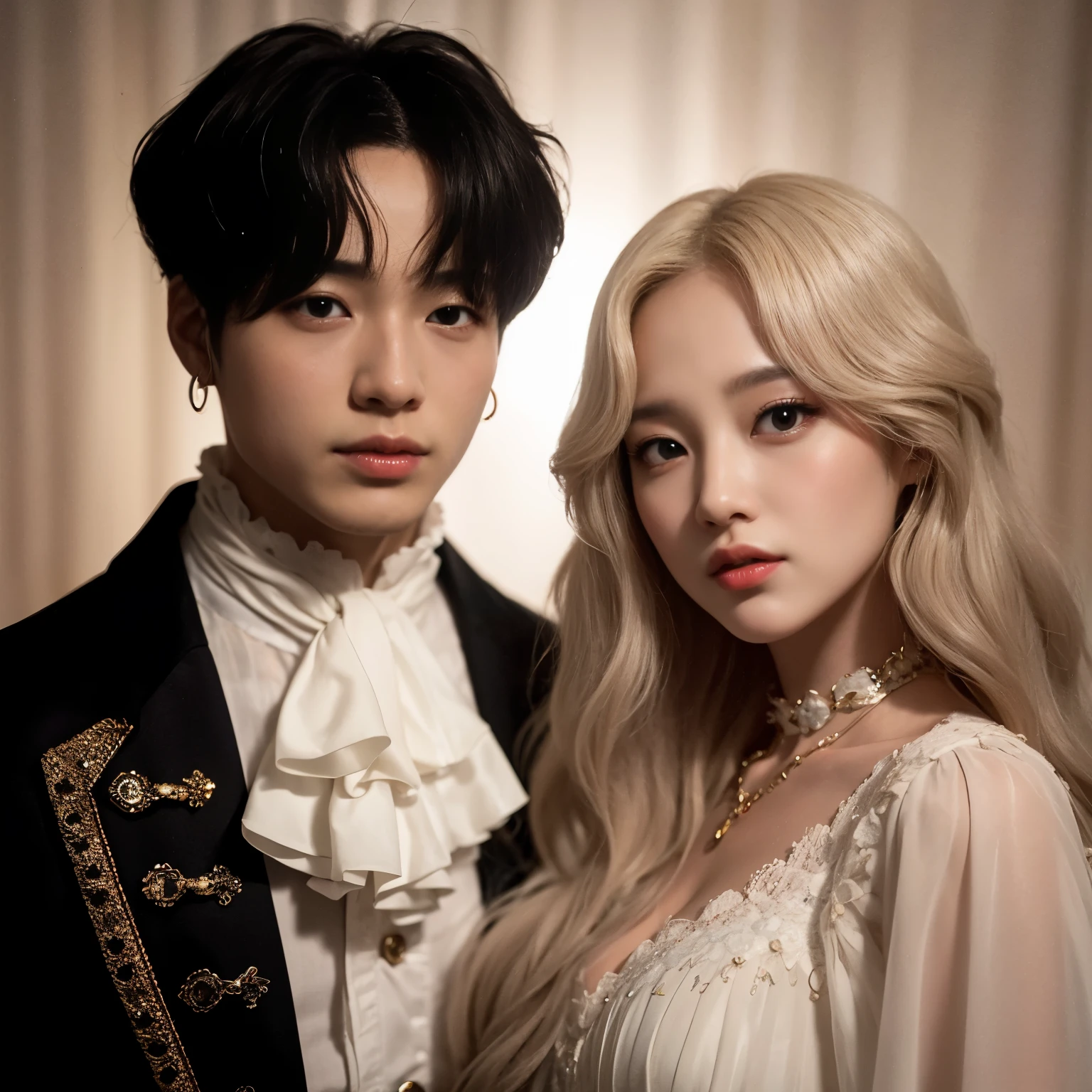 They are posing for a photo in front of a castle, beautiful androgynous prince, ambos vistiendo ropa victoriana, Jimin\la nariz griega, delicate androgynous prince, cai xukun, Jimin, imagen filtrada, park Jimin, retrato, fanart oficial, Jimin\los labios carnosos, obra de arte al estilo de guweiz
