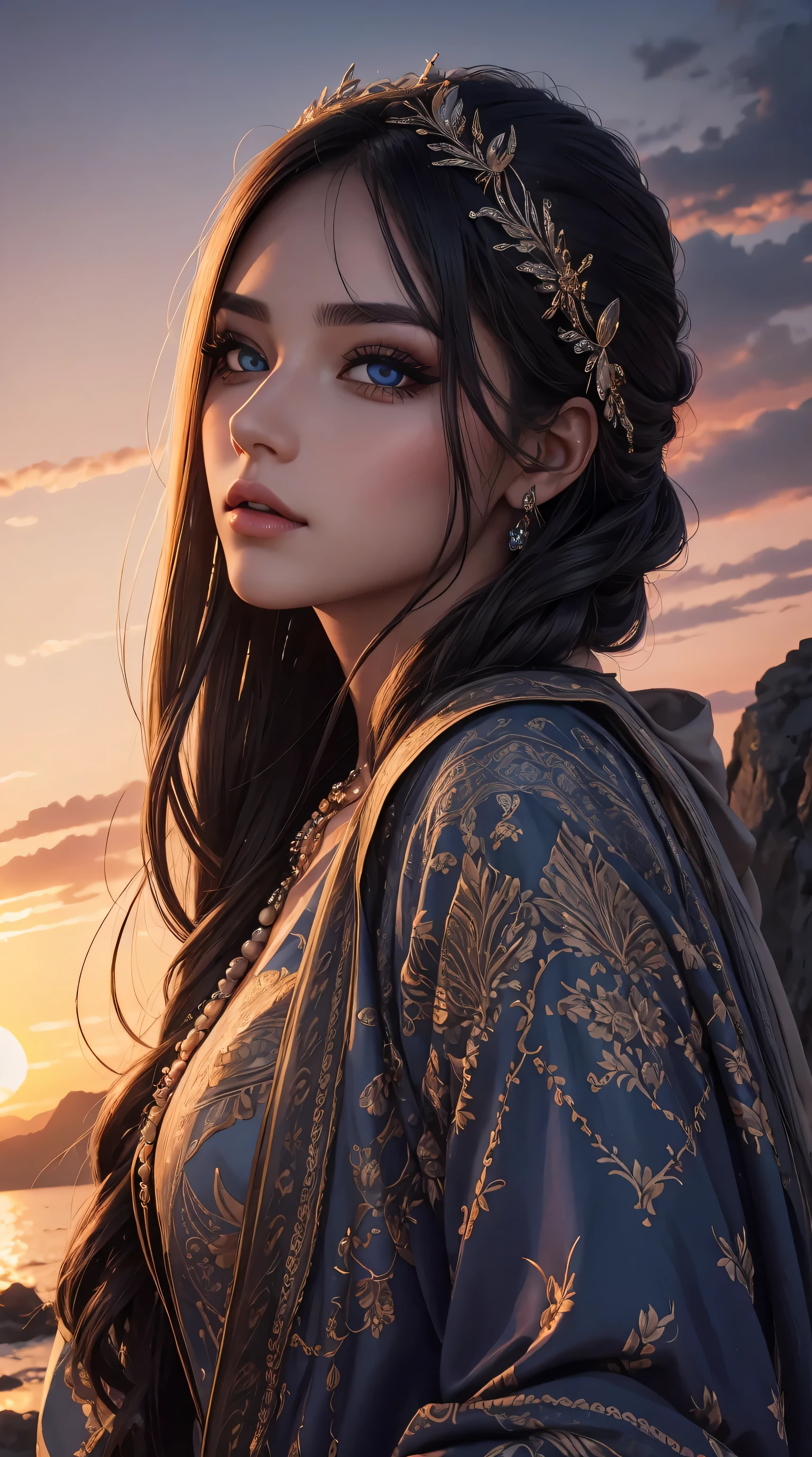 a woman,beautiful detailed eyes,beautiful detailed lips,extremely detailed eyes and face,longeyelashes,looking,landscape,portrait,realism,vivid colors,sunset lighting