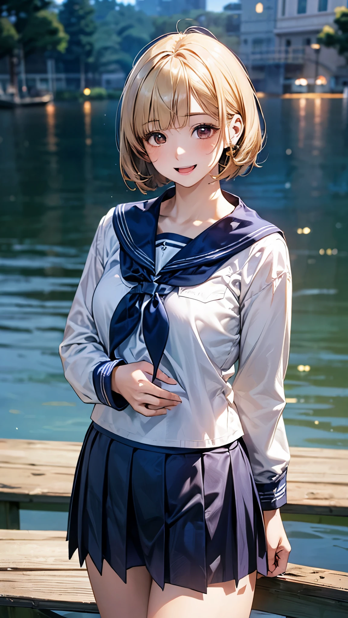 (masterpiece:1.2, top-quality), (realistic, photorealistic:1.4), beautiful illustration, (natural side lighting, movie lighting),
looking at viewer, cowboy shot, front view:0.6, 1 girl, japanese, junior high school girl, 12 years old, perfect face, cute and symmetrical face, shiny skin,
(short hair, bob cut, (blond hair)), blunt bangs, dark brown eyes, long eye lasher, (large breasts:0.5),
beautiful hair, beautiful face, beautiful detailed eyes, beautiful clavicle, beautiful body, beautiful chest, beautiful thigh, beautiful legs, beautiful fingers,
((detailed cloth texture, long sleeves navy cute sailor suit, navy pleated skirt, navy sailor collar, green sailor scarf)),
(beautiful scenery), evening, riverside, standing, (cute, lovely smile, upper eyes, open mouth),