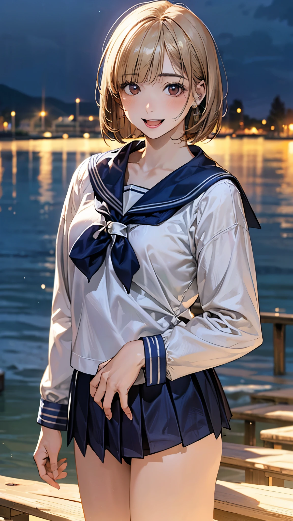 (masterpiece:1.2, top-quality), (realistic, photorealistic:1.4), beautiful illustration, (natural side lighting, movie lighting),
looking at viewer, cowboy shot, front view:0.6, 1 girl, japanese, junior high school girl, 12 years old, perfect face, cute and symmetrical face, shiny skin,
(short hair, bob cut, (blond hair)), blunt bangs, dark brown eyes, long eye lasher, (large breasts:0.5),
beautiful hair, beautiful face, beautiful detailed eyes, beautiful clavicle, beautiful body, beautiful chest, beautiful thigh, beautiful legs, beautiful fingers,
((detailed cloth texture, long sleeves navy cute sailor suit, navy pleated skirt, navy sailor collar, green sailor scarf)),
(beautiful scenery), evening, riverside, standing, (cute, lovely smile, upper eyes, open mouth),