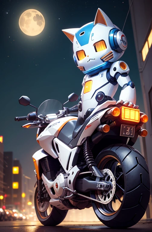 a cute mecha, robot cat, mecha, no humans, action pose, night cty