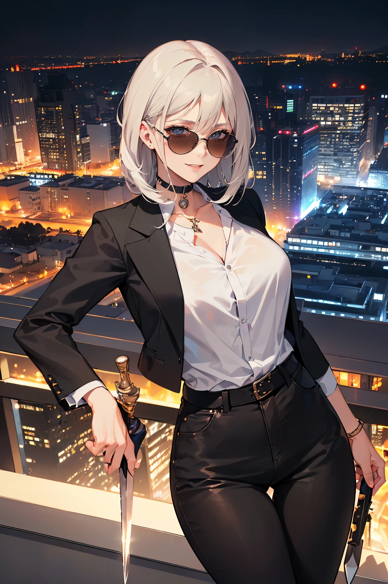((Atualmente, A cute and beautiful woman with a dagger in her hand), ((Mafia)), ((sorriso envergonhado)), ((cabelos longos exuberantes)), ((black pants)), (( olhos gradientes)), ((The background is a night view of the city with various sports cars and mafia)), ((camisa social branca)), ((Mulher chefe de mafia)), ((wearing sunglasses)), ((cabelos platinados)), ((holding a dagger in his hand)), Maquiagem atraente, scenario, Yakuza, UHigh definition, retina, obra de arte, preciso, anatomical, Cientificamente correto, Pele texturizada, super detalhe, altamente detalhado, alta qualidade, premiado, maximum quality, High definition, 1080P, High definition, 4k, 8k, 16k