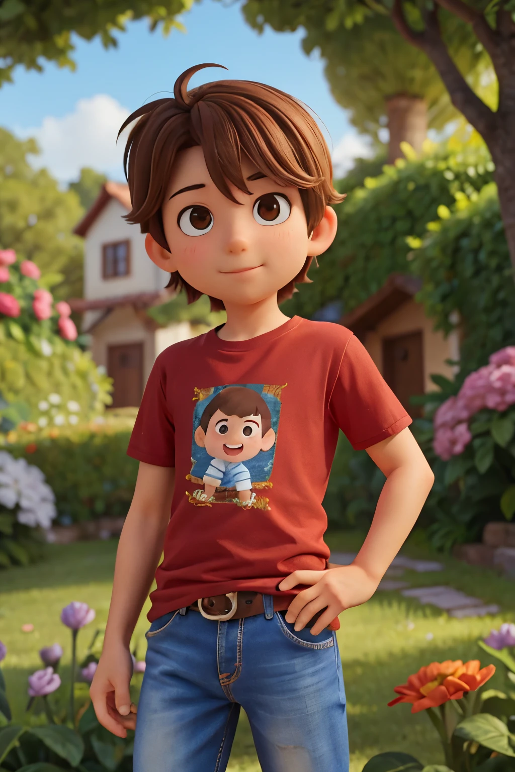 Create a charming John illustration, um garoto de 6 anos, with messy brown hair, curious eyes and wearing a plain red t-shirt with worn out jeans. Position it in a magical garden setting, explorando com entusiasmo, com flores brilhantes ao seu redor.