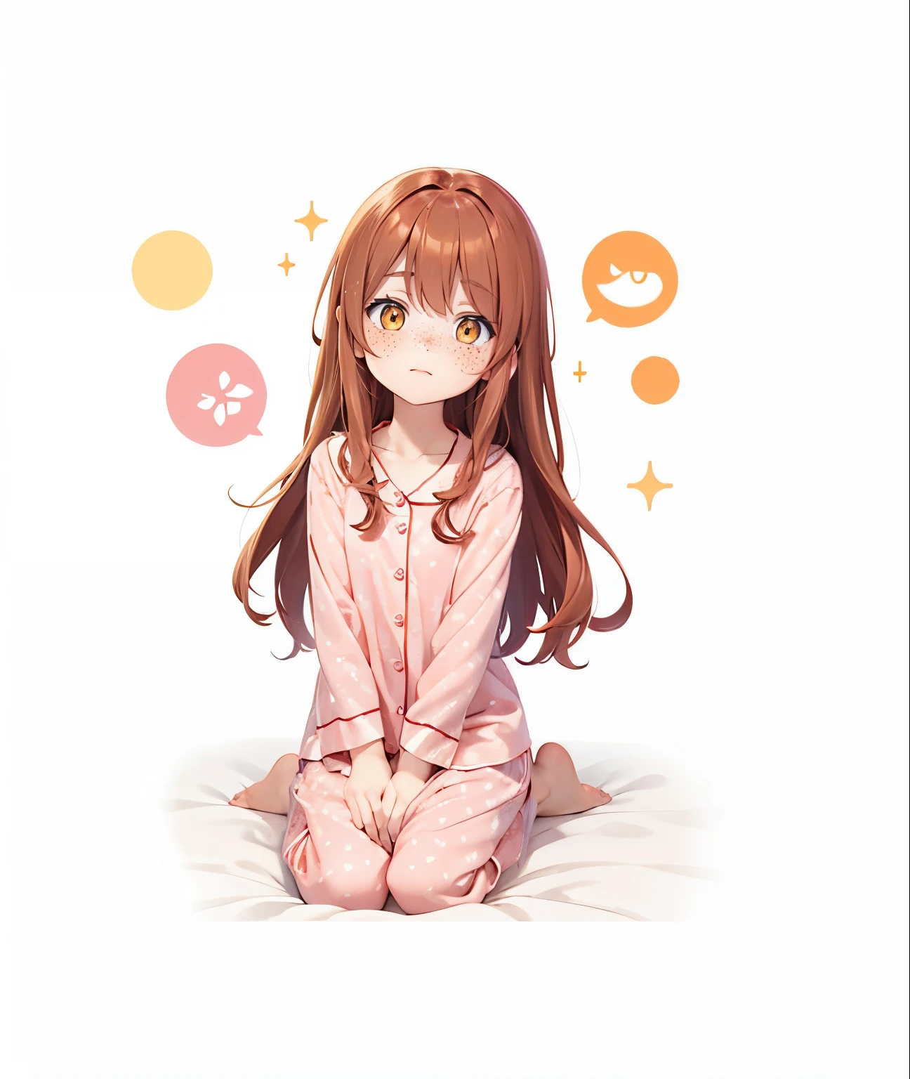 Orange eyes, peaceful, pink pajamas, , light brown hair, medium hair, freckles