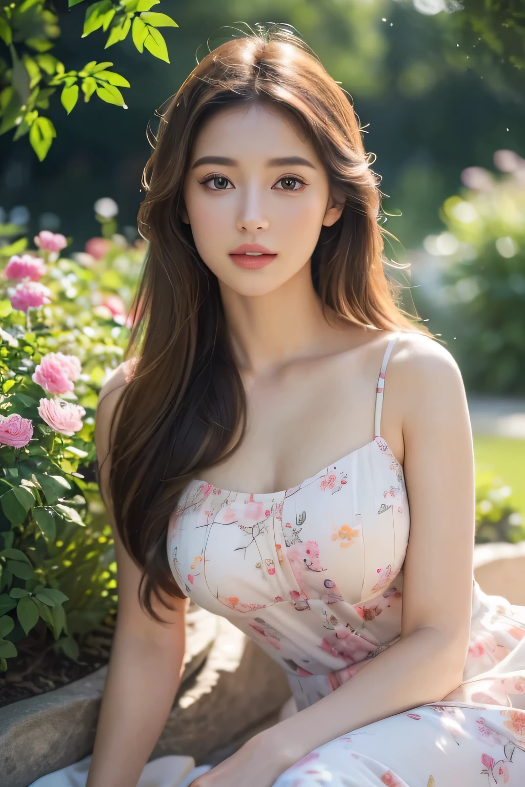 (best quality,4K,8k,high resolution,masterpiece:1.2),Super detailed,(actual,photoactual,photo-actual:1.37),illustration,Beautiful girl in the garden,Cute and detailed eyes and lips, long eyelashes, Vibrant colorful flowers, soft sunshine, elegant summer dress, Peaceful and peaceful atmosphere, bright colors, Bokeh, natural beauty