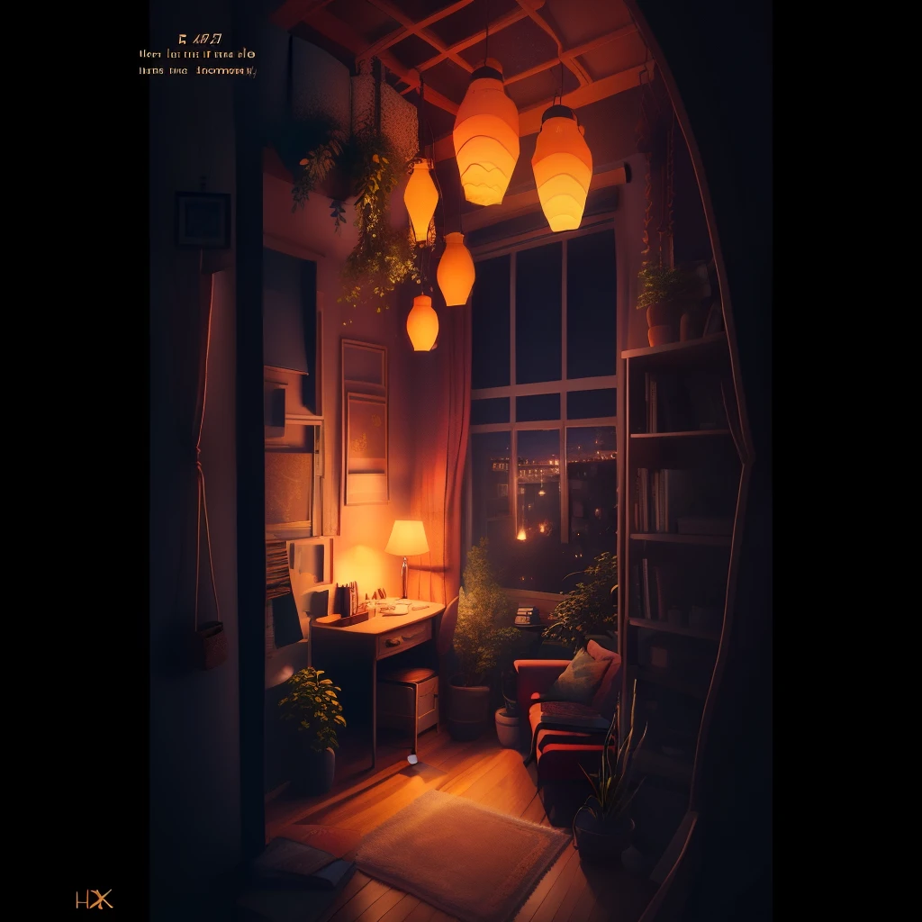 have a room，Inside there is a table and a lamp, Warm home background, calm night. digital illustration, cozy place, interior background art, cozy room, Lo-Fi illustration style, Comfortable and peaceful atmosphere, personal room background, Comfortable and atmospheric, cozy atmosphere, comfortable environment, pleasant cozy atmosphere, Lofi art style, 8k high quality detailed art