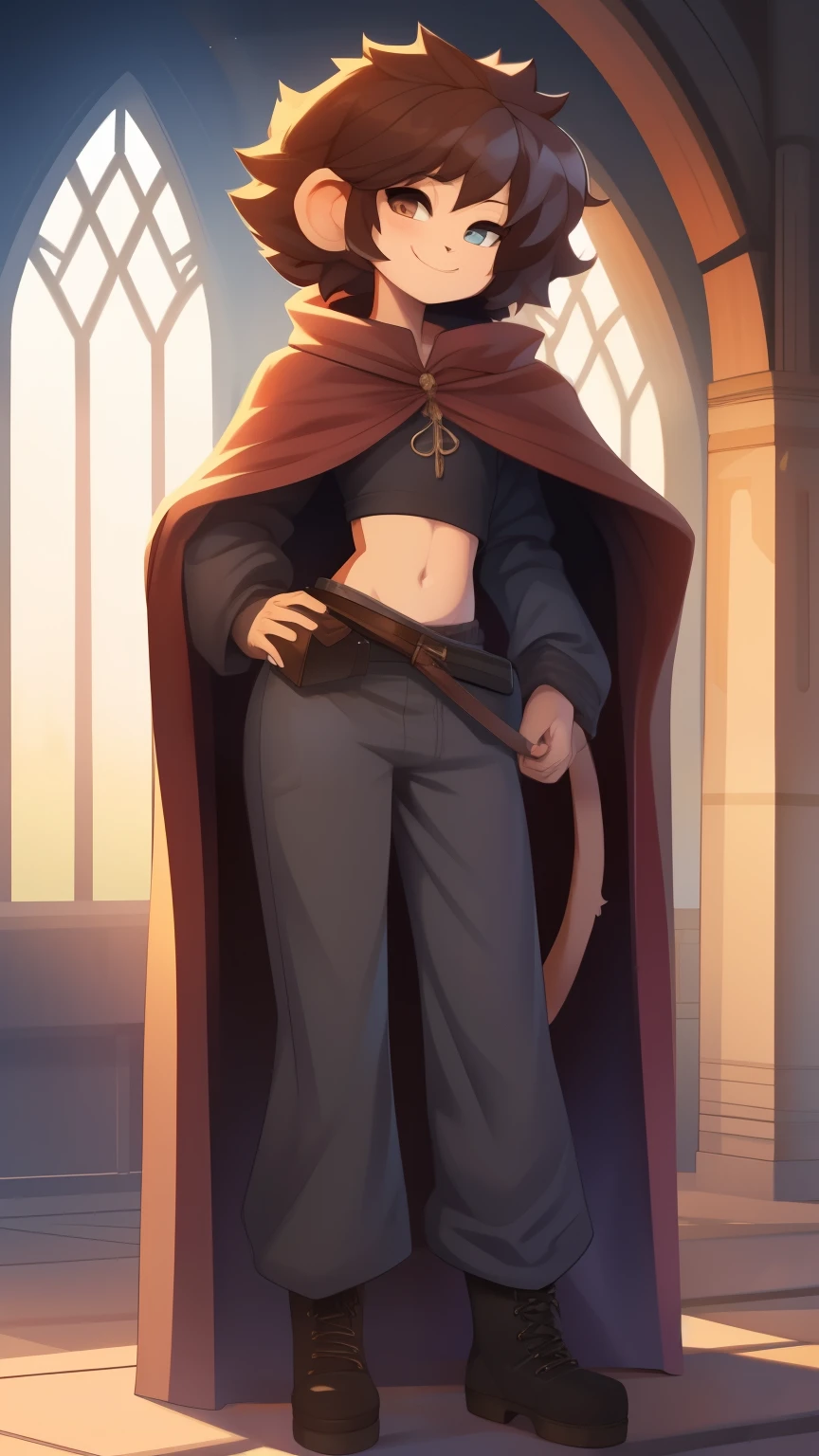 Best quality, Super detailed illustration, (1 boy:1.2), (fluffy monkey:1.4) , feminine face and body, disheveled thick hair, baggy pants, ankle boots, Cloak, Waist bag, baggy sweater, smug smile, half-closed eyes , Femboy, small waist, wide hips, Slim, perfect body, don't bother style