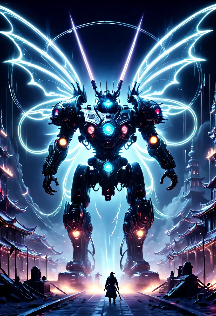 (半transparent空灵未来派械巫妖王:1.5),,在Demon battlefield之上,There are a lot of wars,Gunsmoke fills,Demon battlefield, (Demon Machinery), (Mechanobiology),ethereal,phantom,transparent,bioluminescence,divinelight,fluorescence,charming,mystery,bright colors,detailed details,lifelike,超级lifelike,epic magic fantasy,Epic technological fantasy,Epic surrealism,Epic futuristic fantasy,bright colors