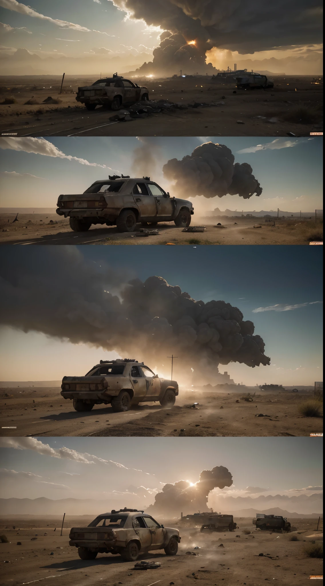(best quality,4k,8k,highres,masterpiece:1.2),ultra-detailed,(realistic,photorealistic,photo-realistic:1.37),post-apocalyptic wasteland,dystopian landscape,burning sun,deserted city,ruined skyscrapers,debris-filled streets,dusty air,dilapidated vehicles,sandstorm in the distance,gloomy atmosphere,metallic textures,tattered flags,bandit gang roaming,scavenged weapons,severe drought,scorching heat,dry and barren land,desperate survivors,hopelessness and despair,roaring engines and tires screeching,bullet shells and smoke,patched-up clothing and armor,imposing war rigs with spiky wheels and flamethrowers,harsh sunlight casting long shadows,desolated look of exhaustion and determination,vibrant yet faded colors,ominous clouds hanging low,desolate wasteland stretching for miles,war-torn landscape reveals stories of struggle and survival.