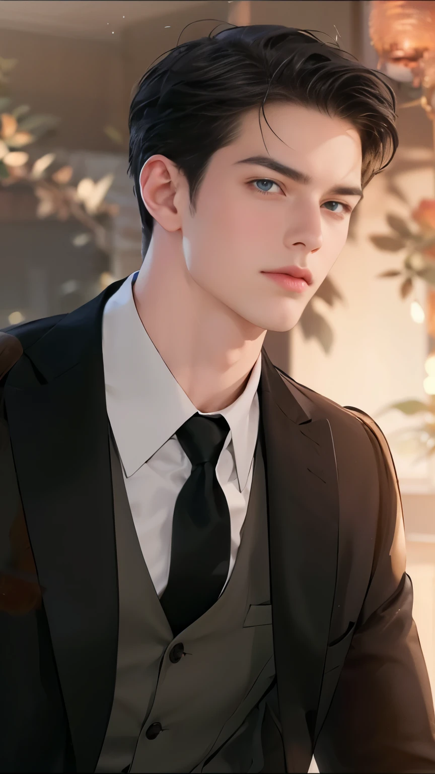 Masterpiece of man, Adult man with firm facial features like an Dutch, blue eyes, his nose is sharp, mature, blue eyes, neat short black hair, very handsome, white, clean, smooth skin