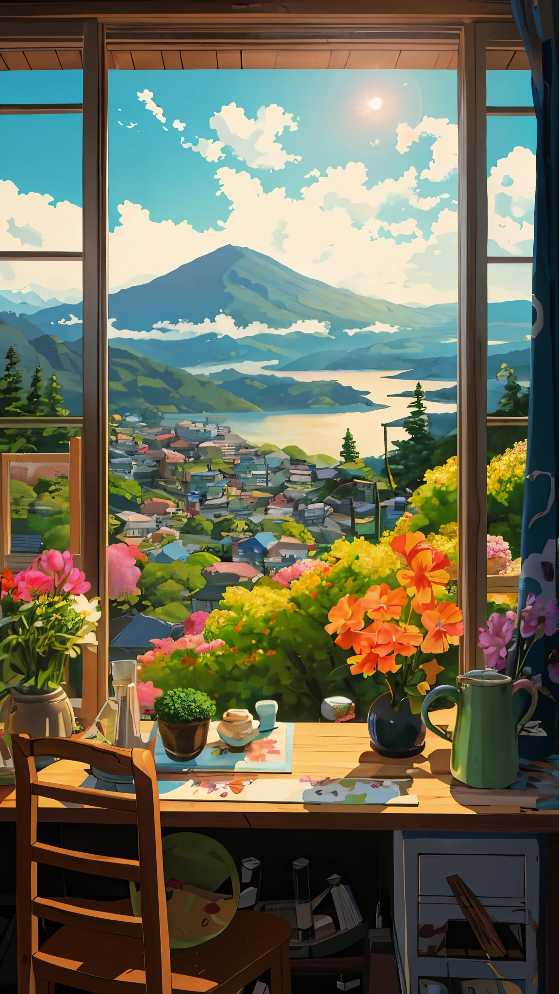painting of a table with a vase of flowers and a vase of flowers on it, hiroya oku painterly, by Naomi Okubo, detailed scenery —width 672, by Yamagata Hiro, scenery art detailed, detailed painting 4 k, jen bartel, scenery artwork, detailed scenery, inspired by Kawase Hasui, heroine japan vivid landscape