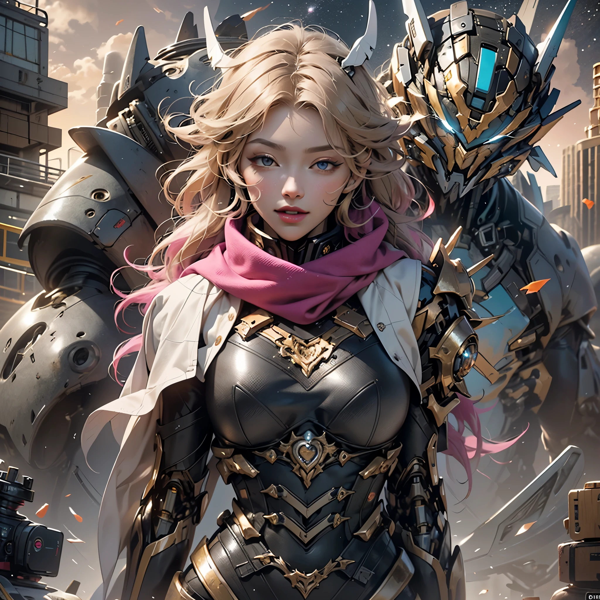 1girl, ahoge, bangs, blonde hair, blowing kiss, blue eyes, blue scarf, brown scarf, cleavage, closed mouth, eyelashes, face, floating hair, hair between eyes, heart, lips, lipstick, long hair, looking at viewer, makeup, night sky, nose, one eye closed, orange scarf, pink lips, pink scarf, portrait, purple eyes, realistic, red lips, red scarf, scarf, signature, smile, solo, space, spoken heart, star (sky), starry sky, upper body, watermark, yang xiao long, yellow scarf BREAK A huge mechanical monster,Scary metal monsters,(babel:1.3),(Transformers(/Soaring skyscrapers/):1.3), Hexagonal lines cover the entire body, Ul,hyper HD, retinas, Anatomically correct, Textured skin, Super detail, Best quality, A high resolution,Connected by countless pipes,Huge gestalt,The dominance of group consciousness,cyber punk perssonage,Mechanized biology,Gold casing,It consists of a large amount of rusty industrial waste and some steel wire,Giant mechanical monsters,Giant monster,(Fantasy composition:1.3)